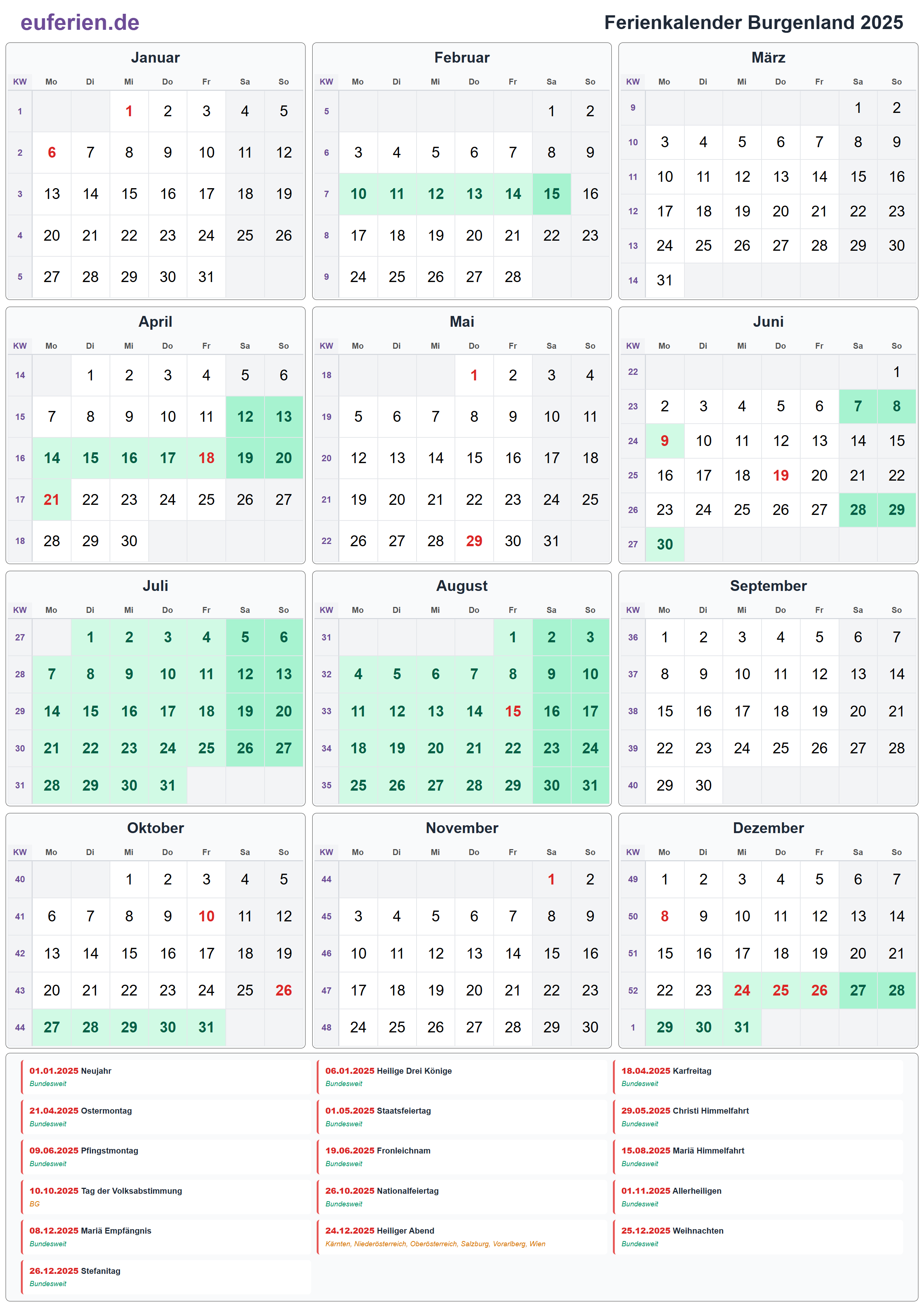 Ferienkalender Burgenland 2025 – Hochformat