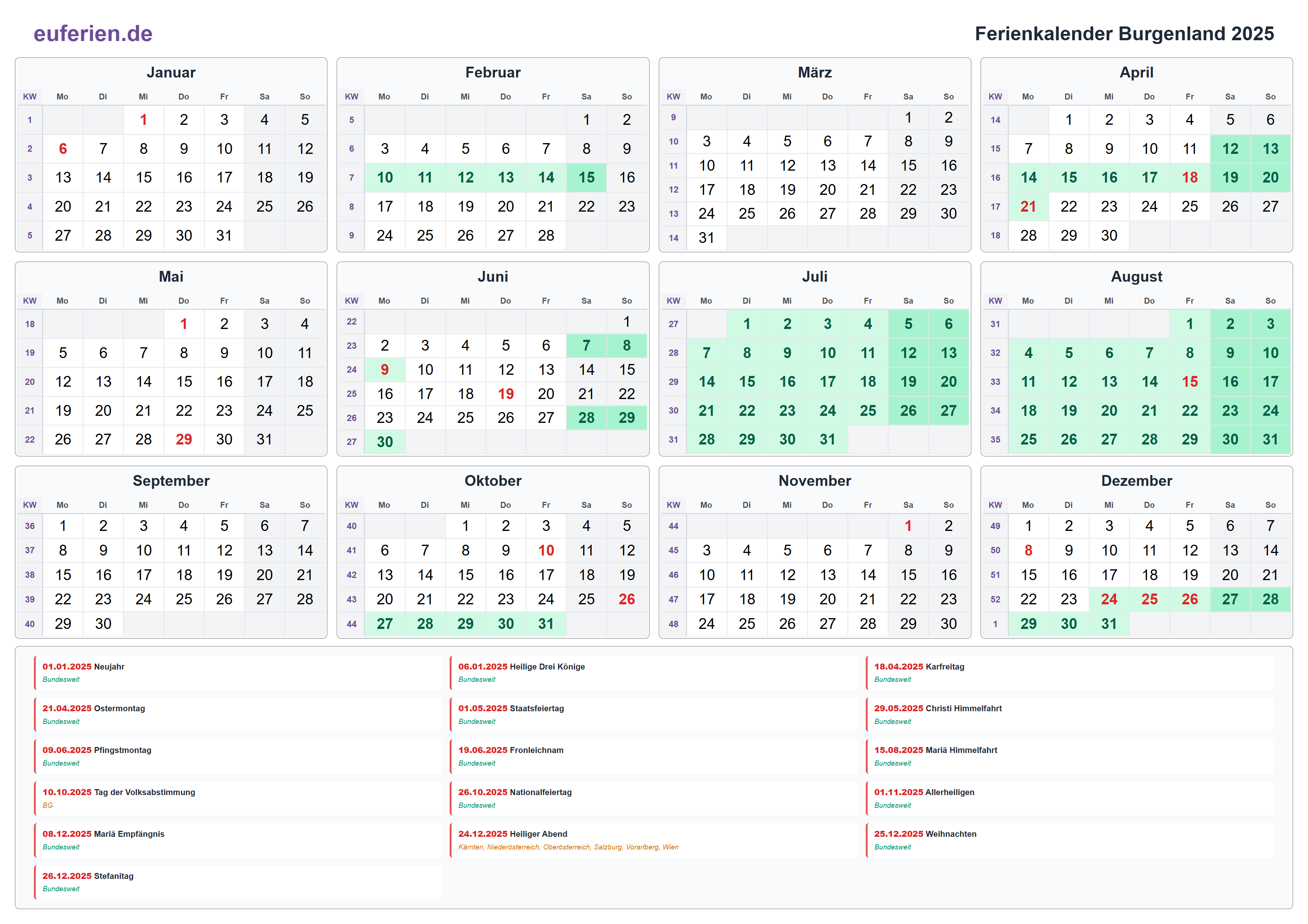 Ferienkalender Burgenland 2025 – Querformat