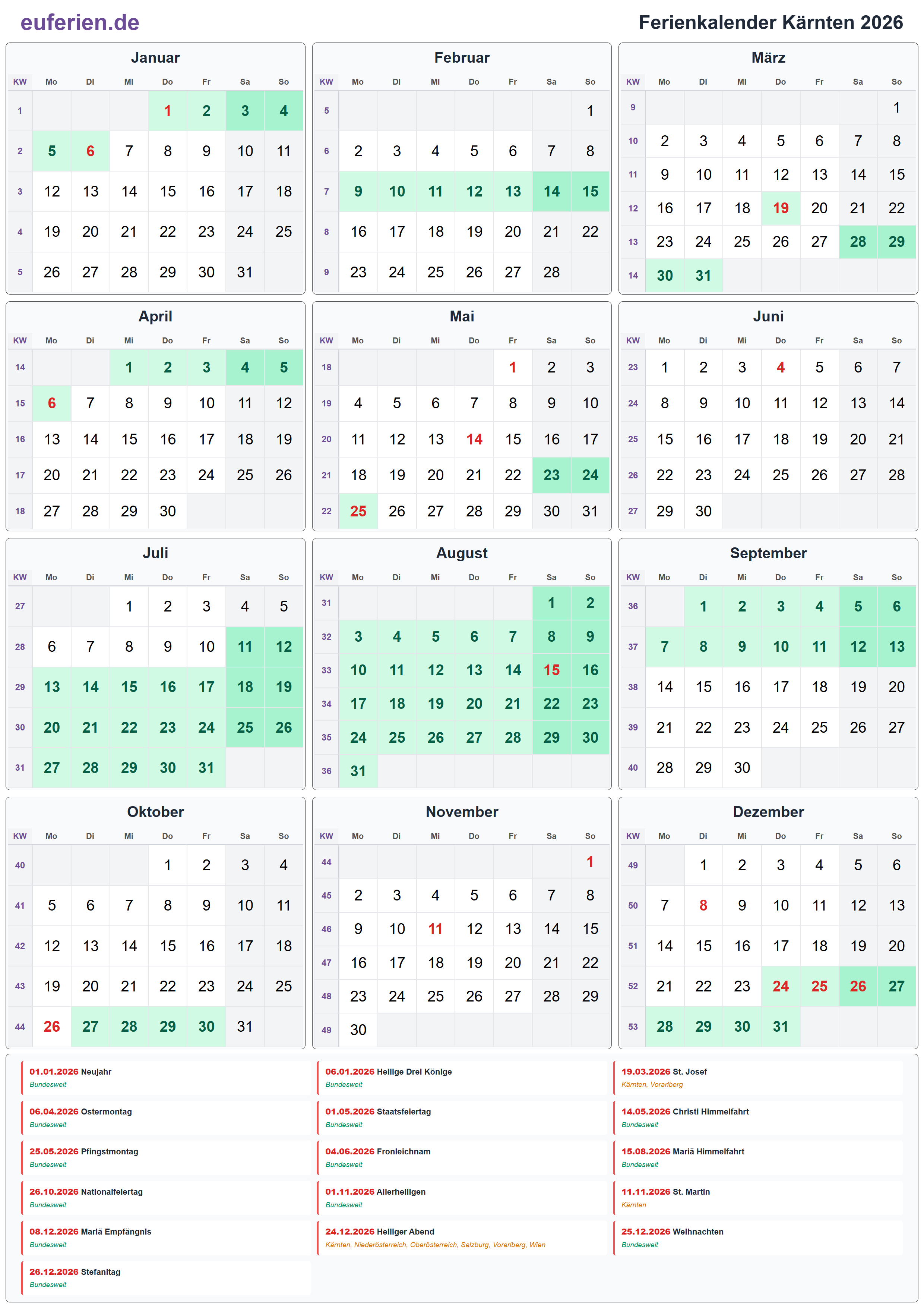 Ferienkalender Kärnten 2026 – Hochformat