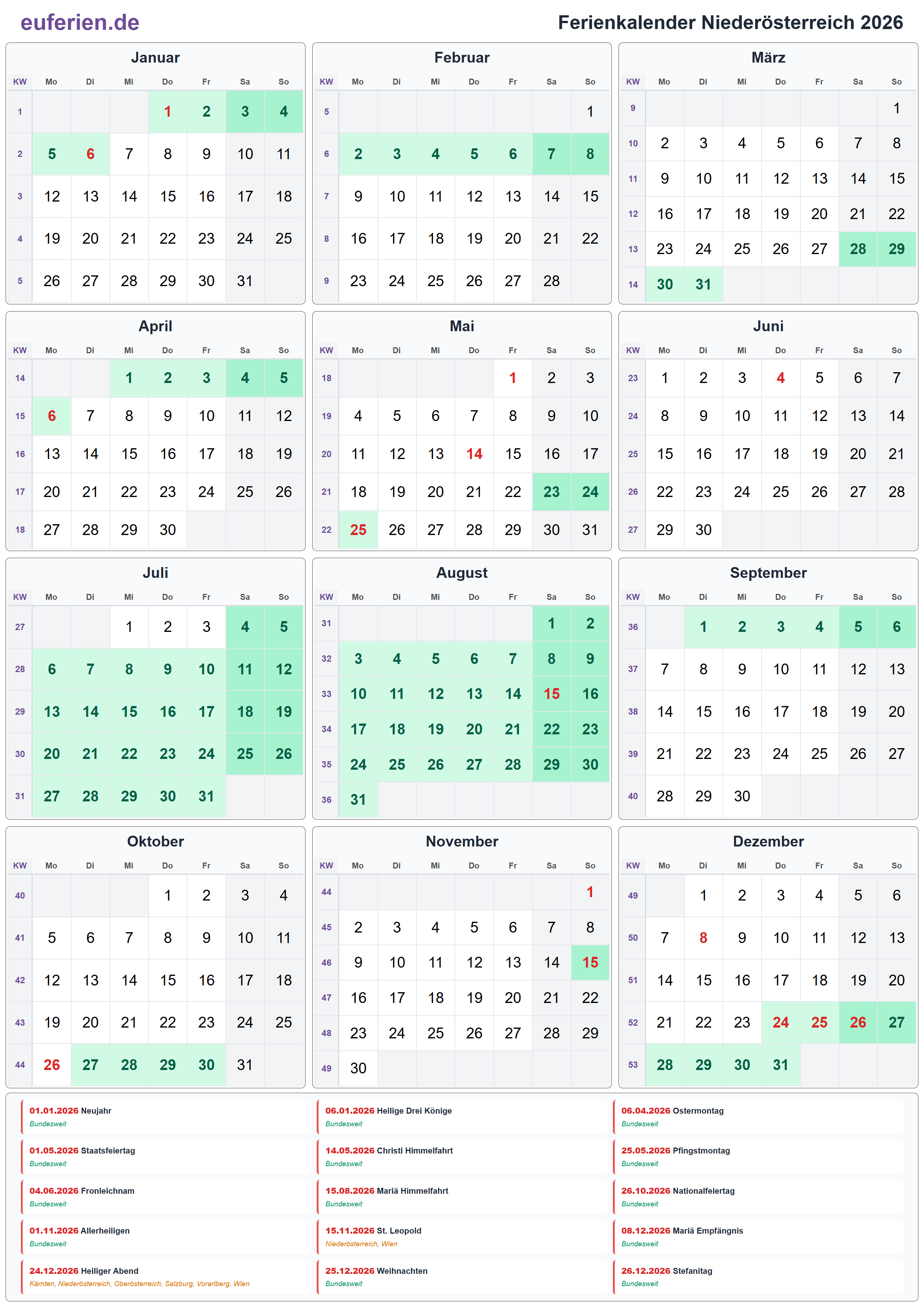 Ferienkalender Niederösterreich 2026 – Hochformat