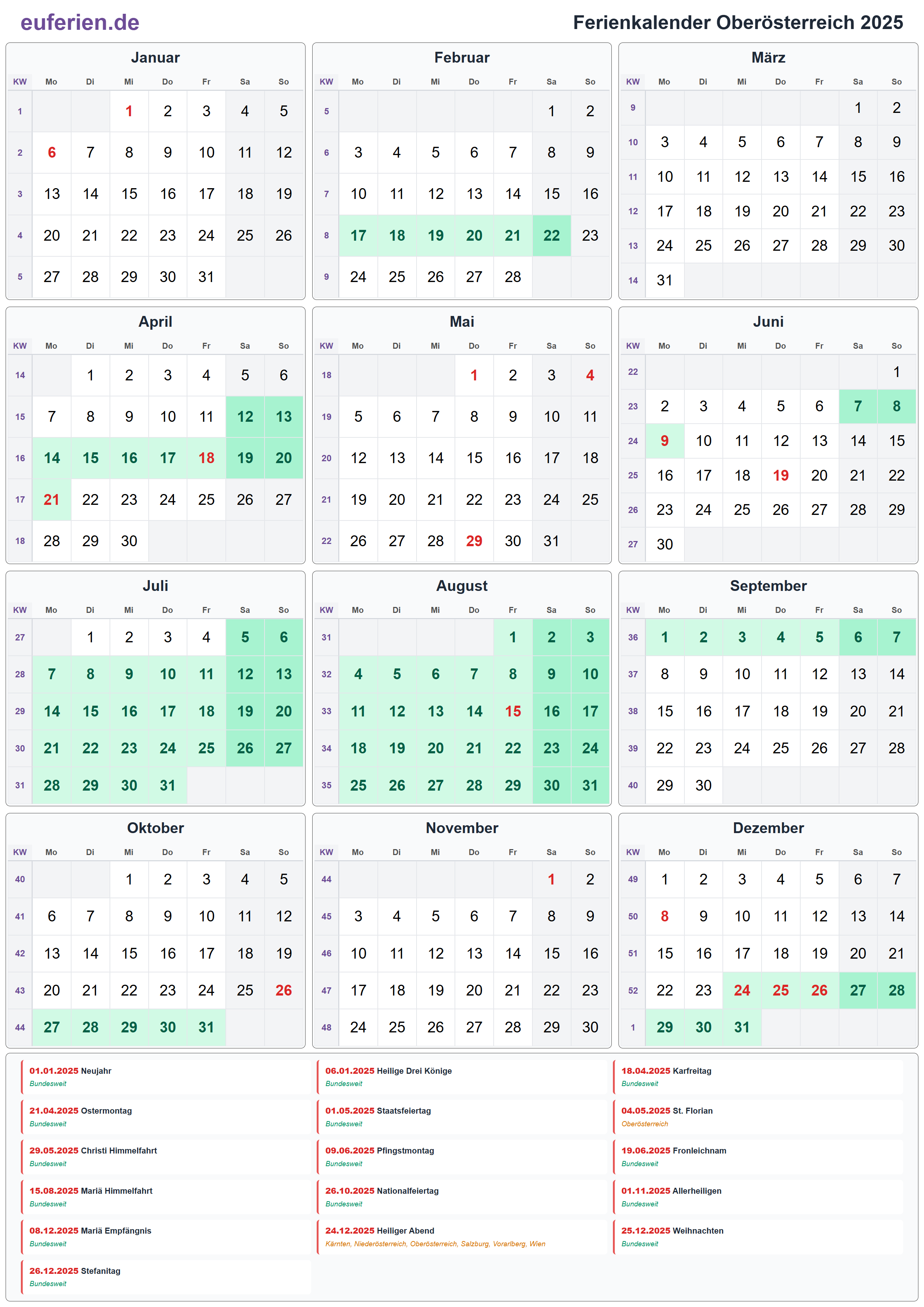 Ferienkalender Oberösterreich 2025 – Hochformat