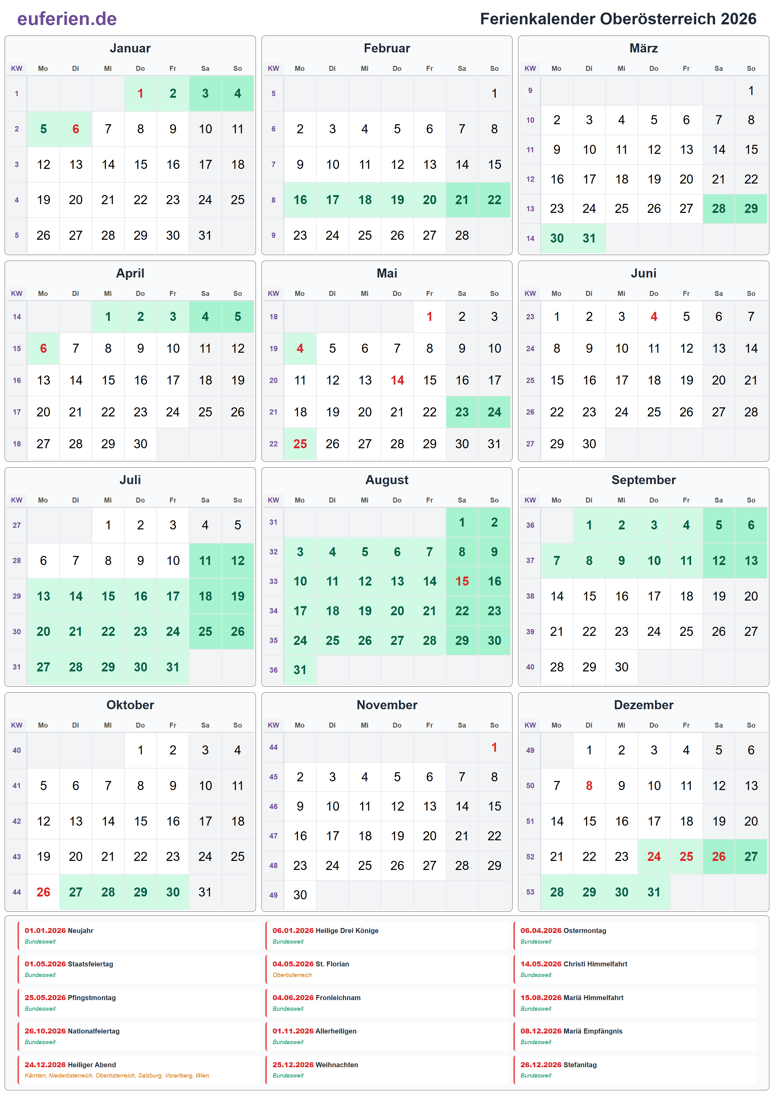 Ferienkalender Oberösterreich 2026 – Hochformat