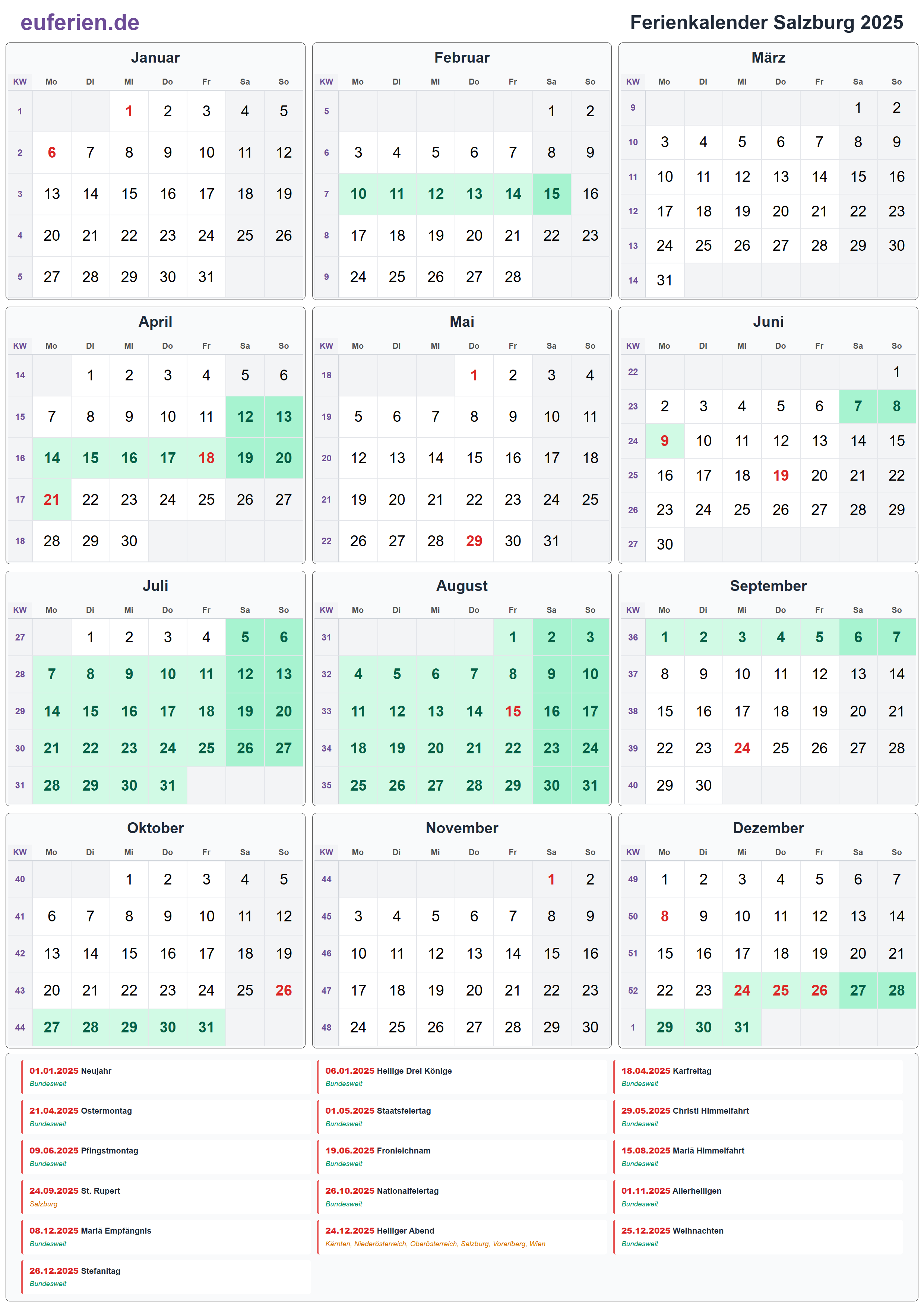 Ferienkalender Salzburg 2025 – Hochformat