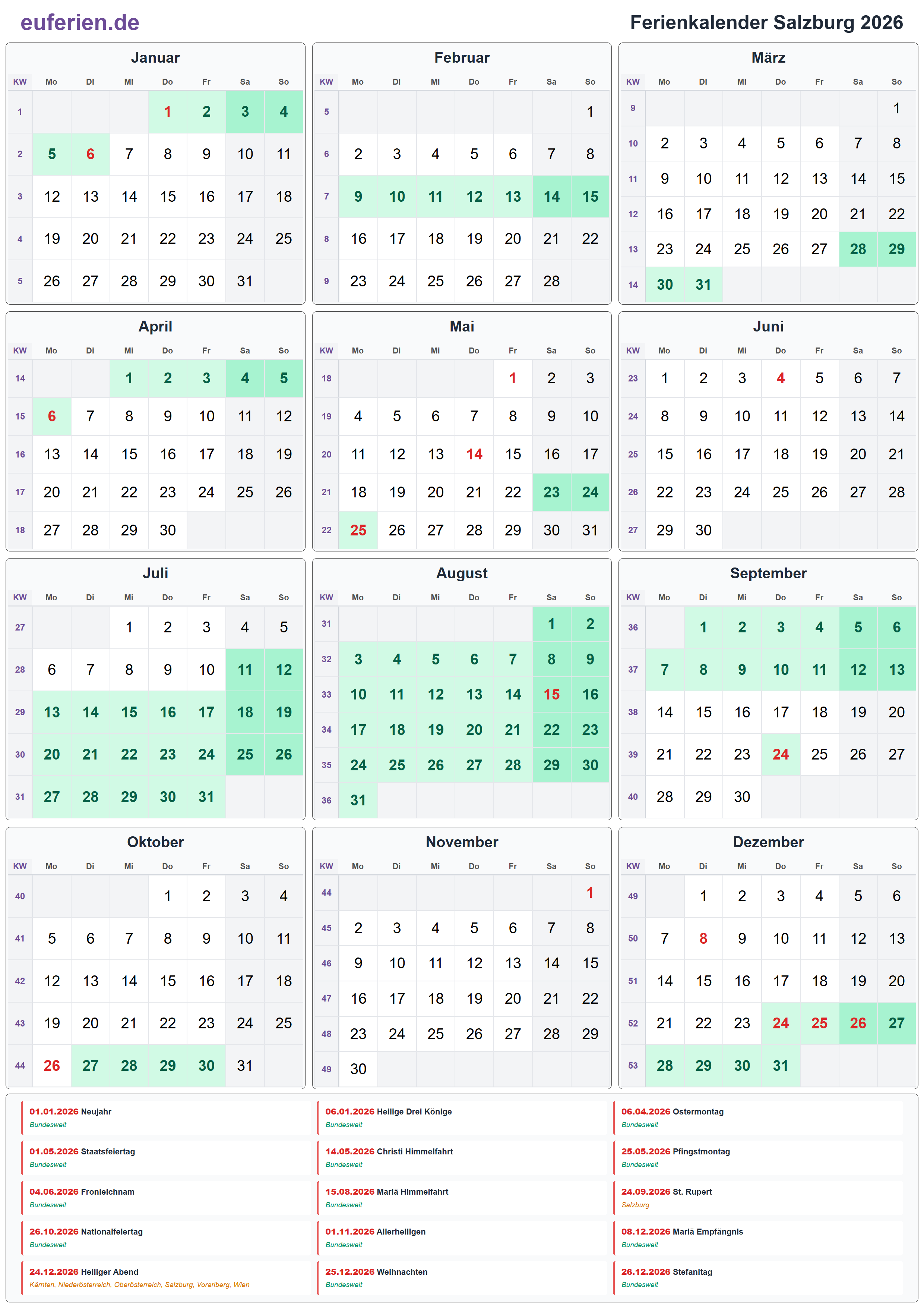 Ferienkalender Salzburg 2026 – Hochformat
