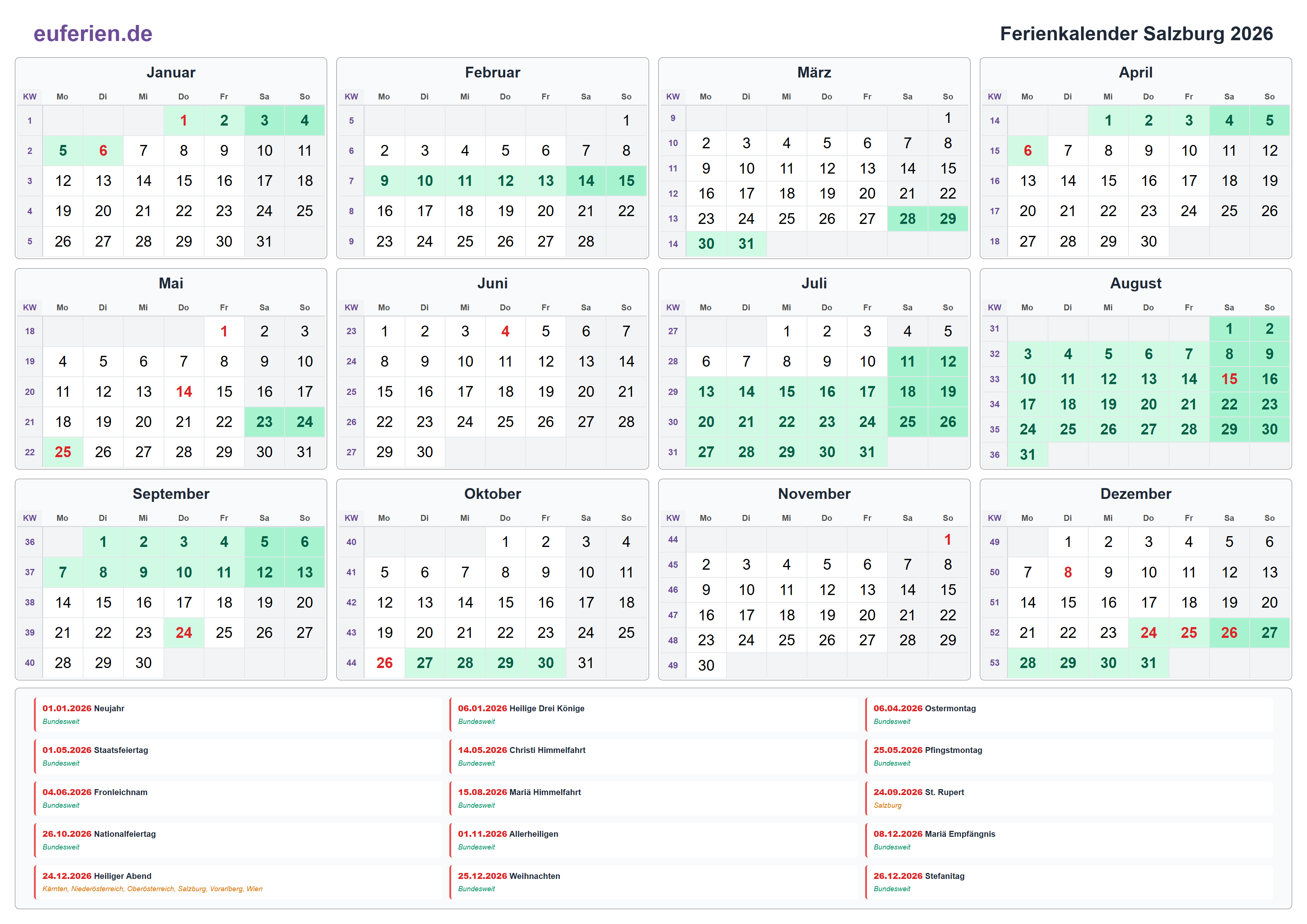 Ferienkalender Salzburg 2026 – Querformat