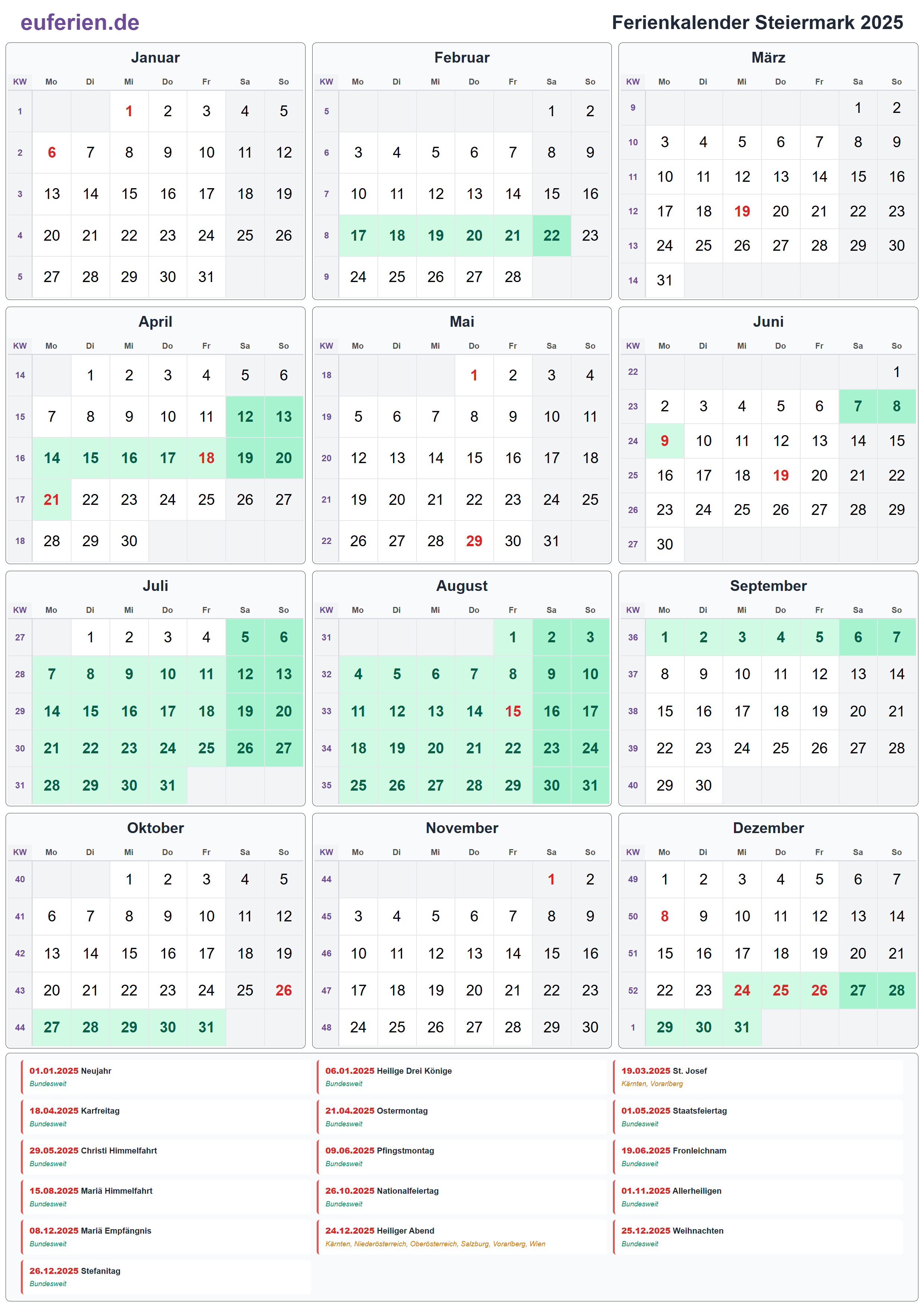 Ferienkalender Steiermark 2025 – Hochformat