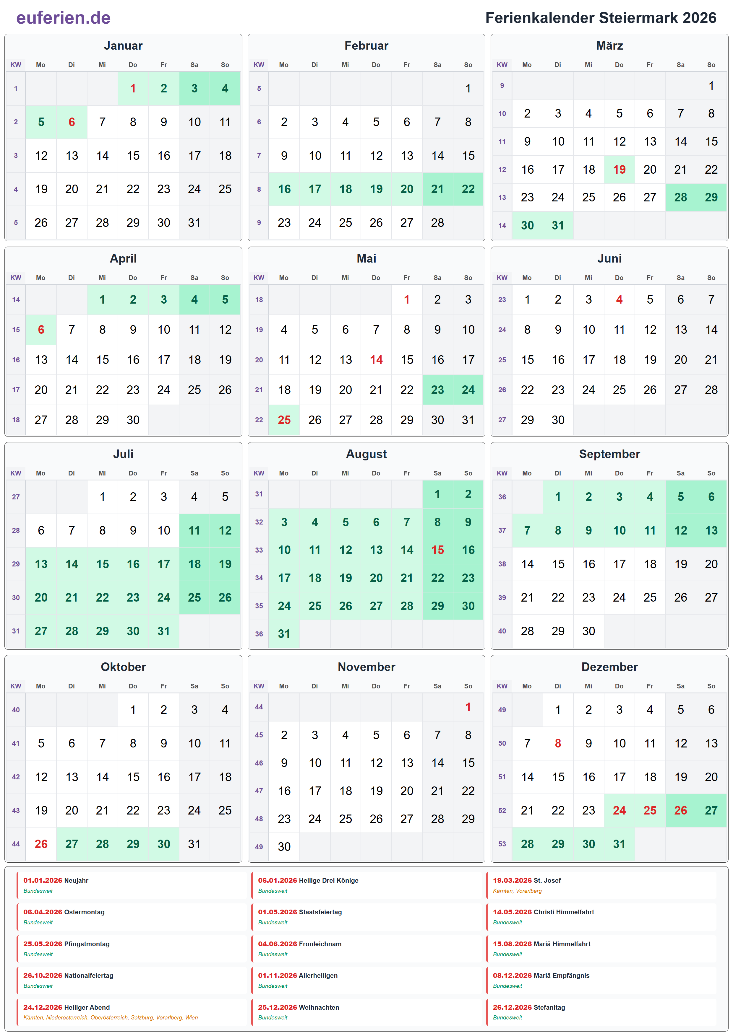 Ferienkalender Steiermark 2026 – Hochformat