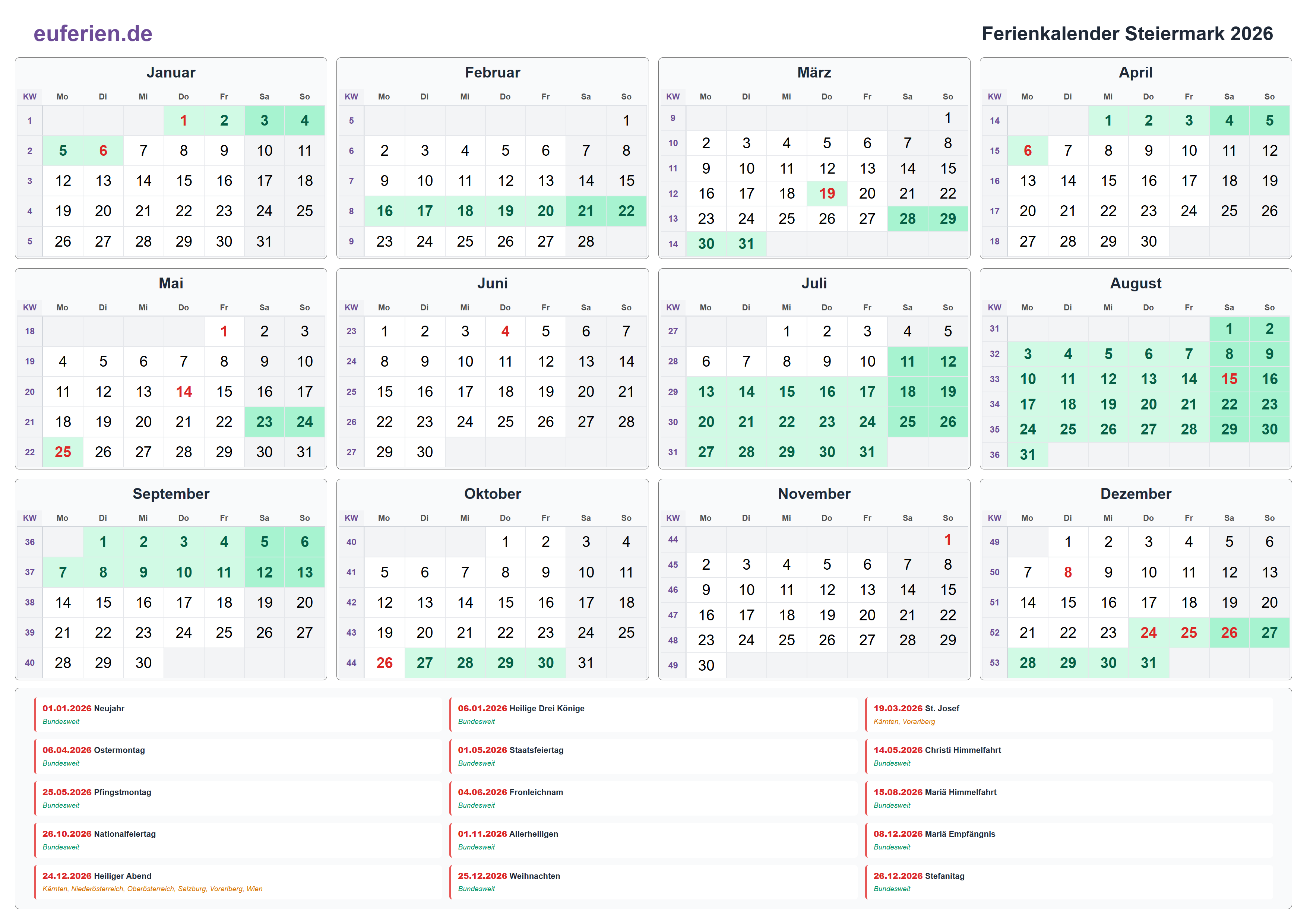 Ferienkalender Steiermark 2026 – Querformat