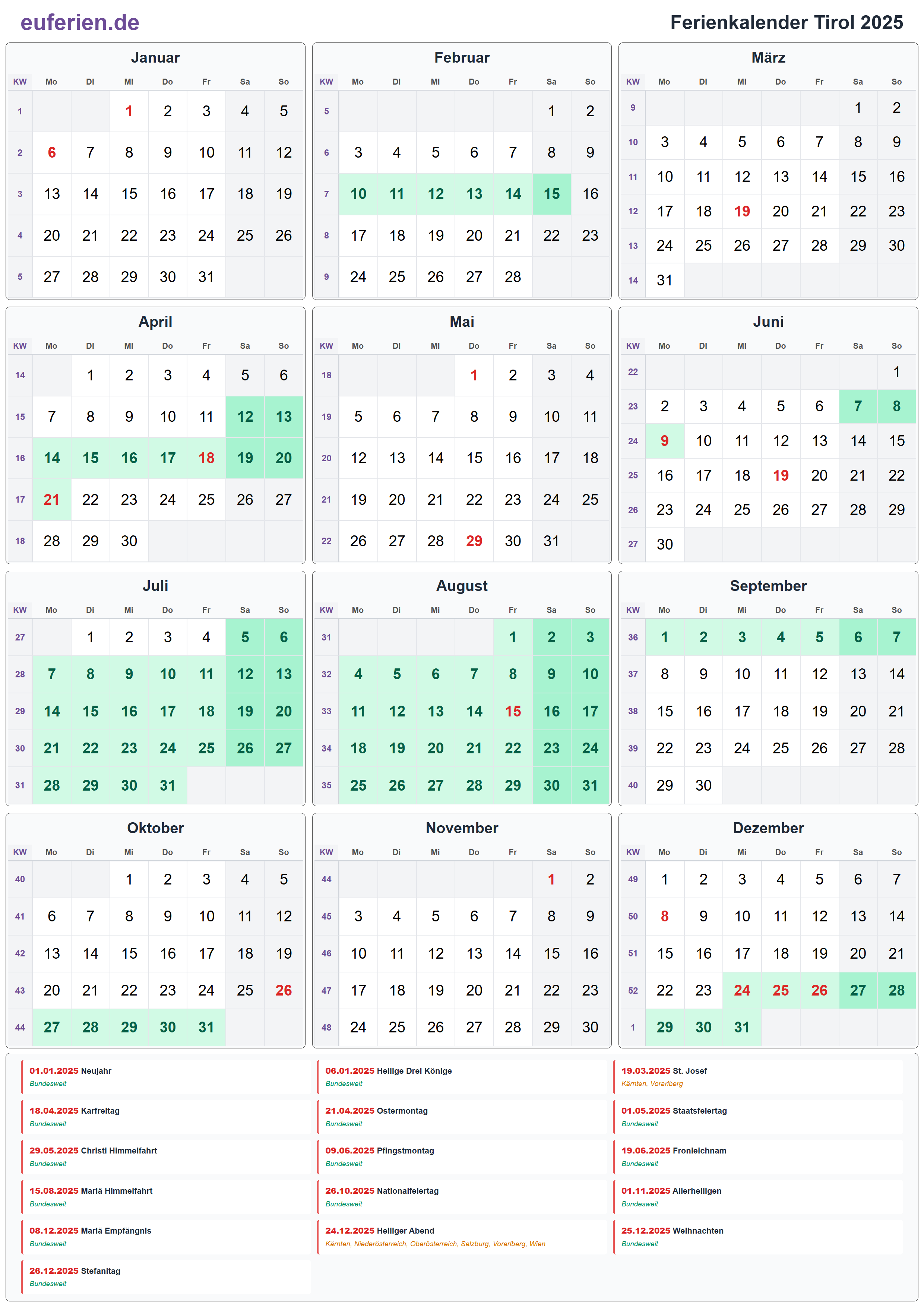 Ferienkalender Tirol 2025 – Hochformat