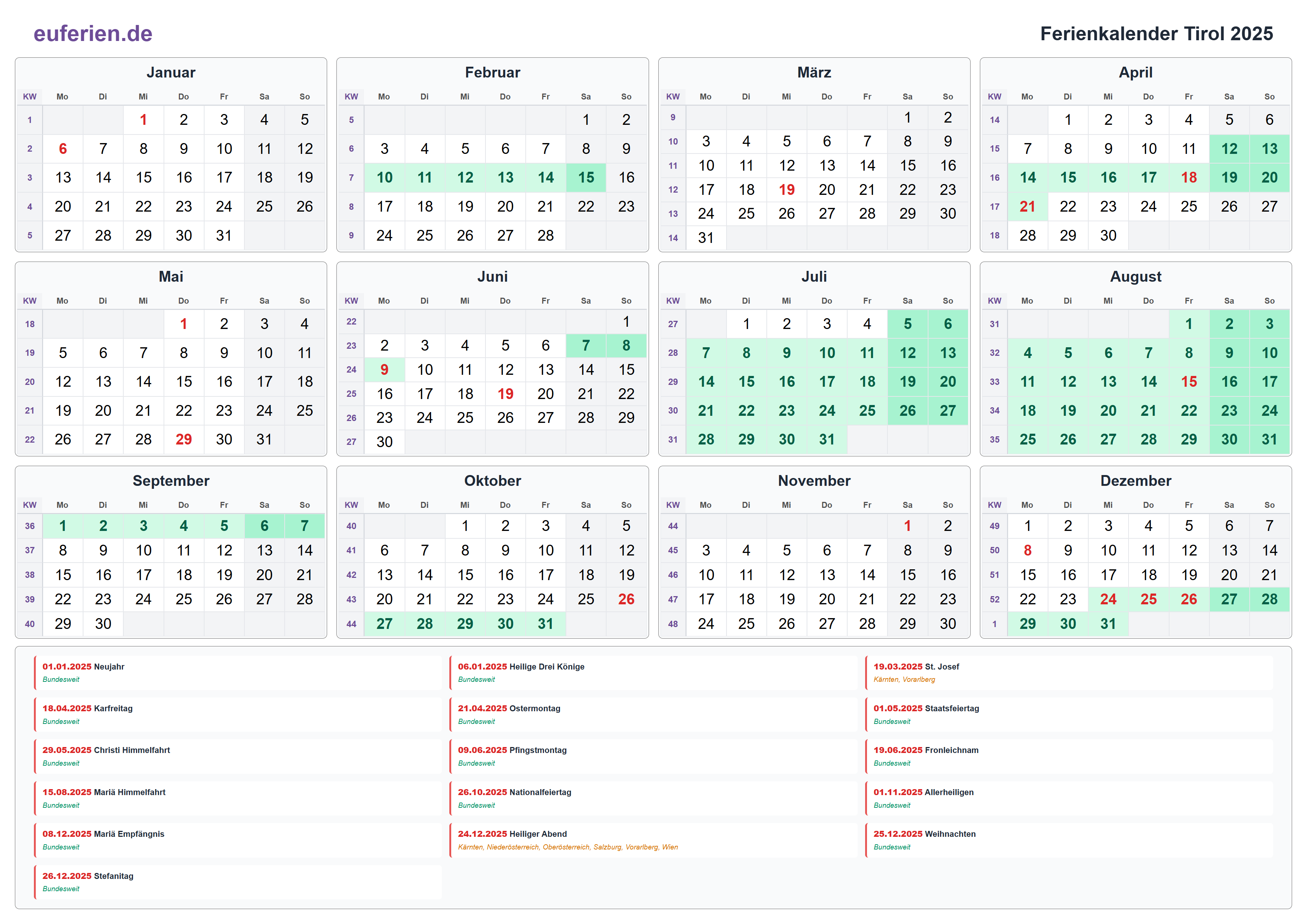 Ferienkalender Tirol 2025 – Querformat