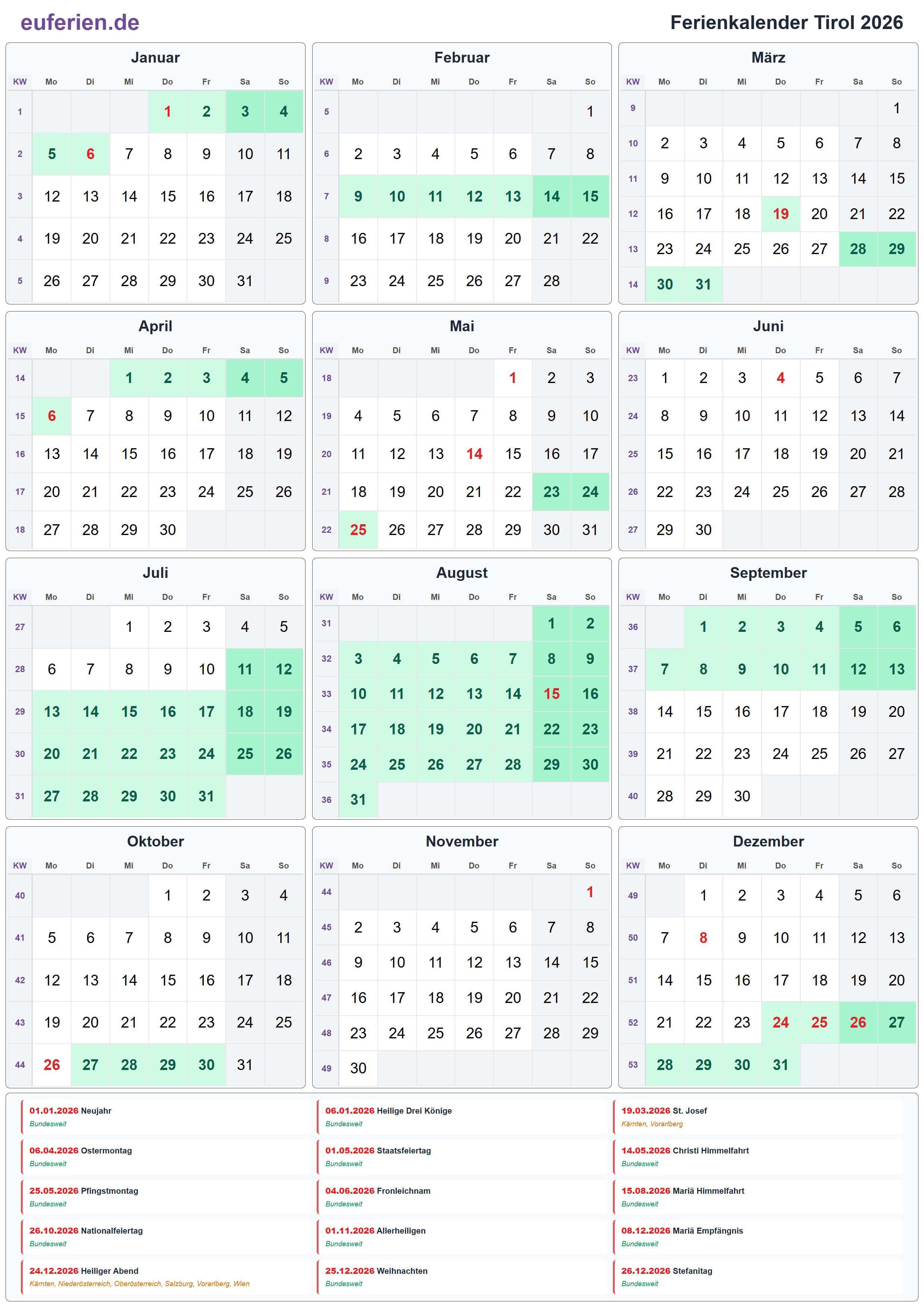 Ferienkalender Tirol 2026 – Hochformat