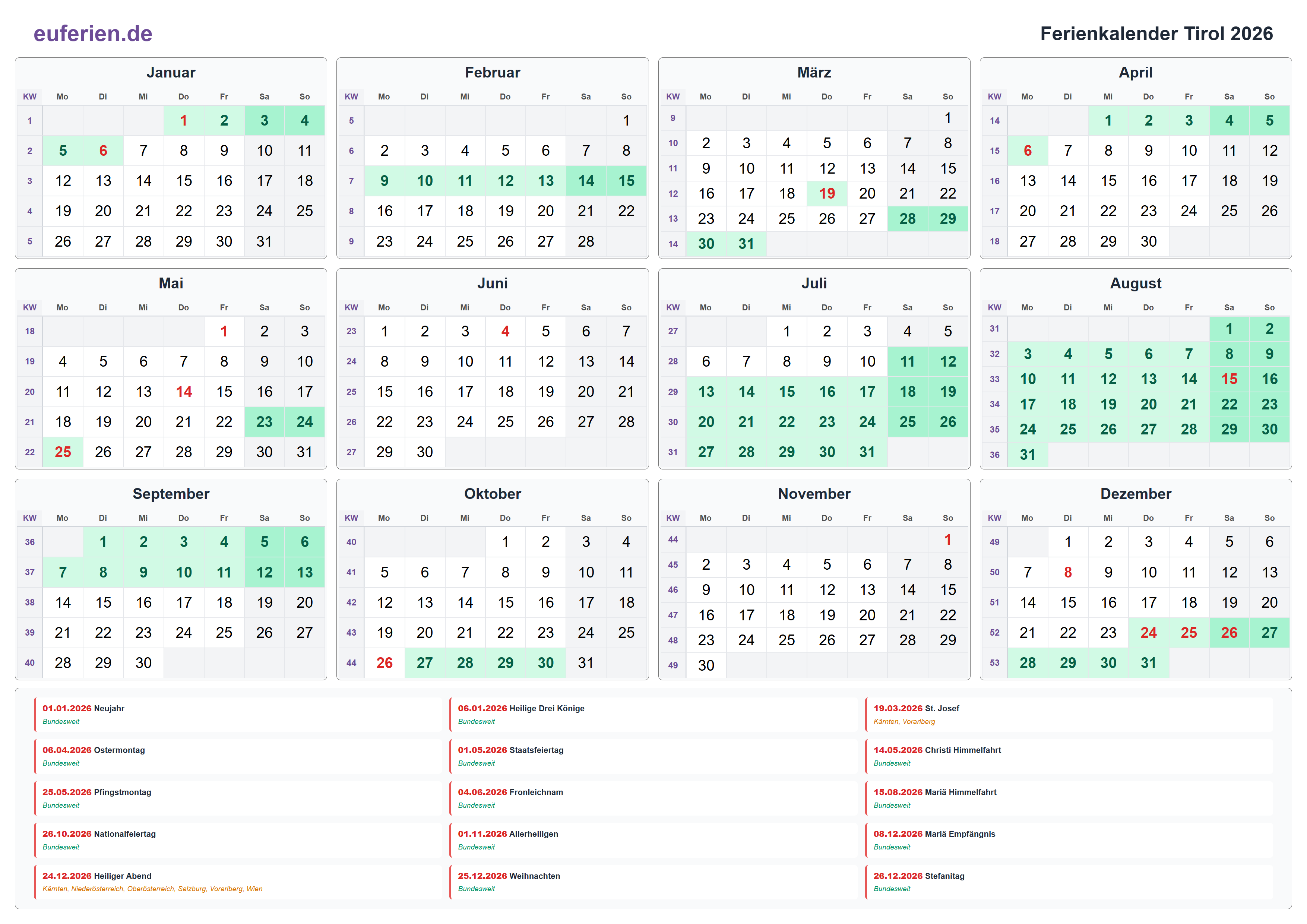 Ferienkalender Tirol 2026 – Querformat