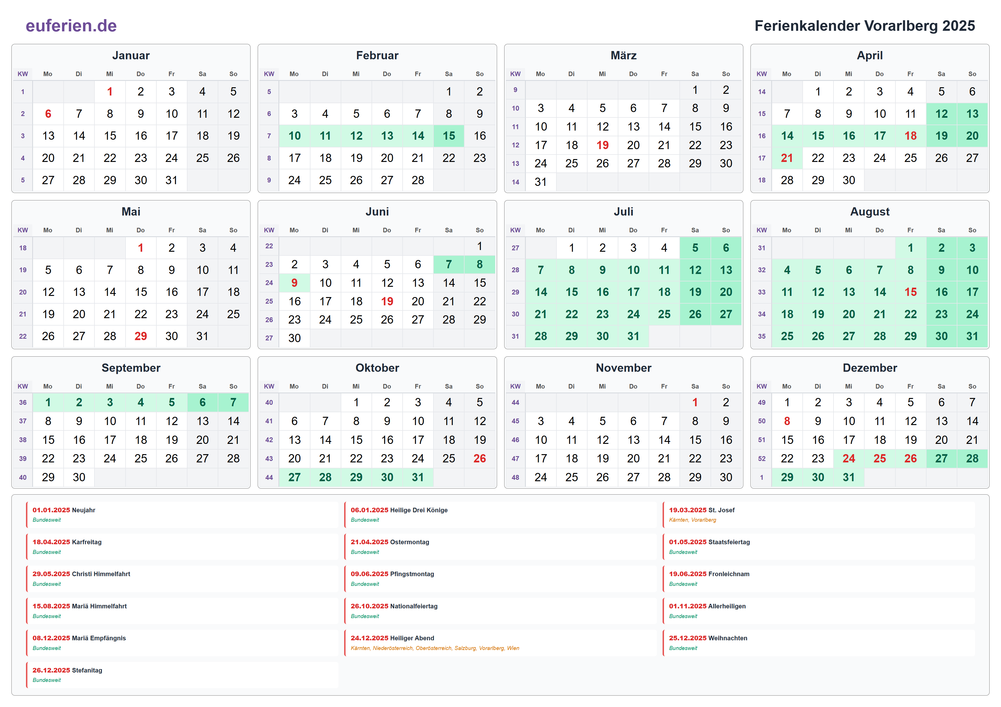 Ferienkalender Vorarlberg 2025 – Querformat