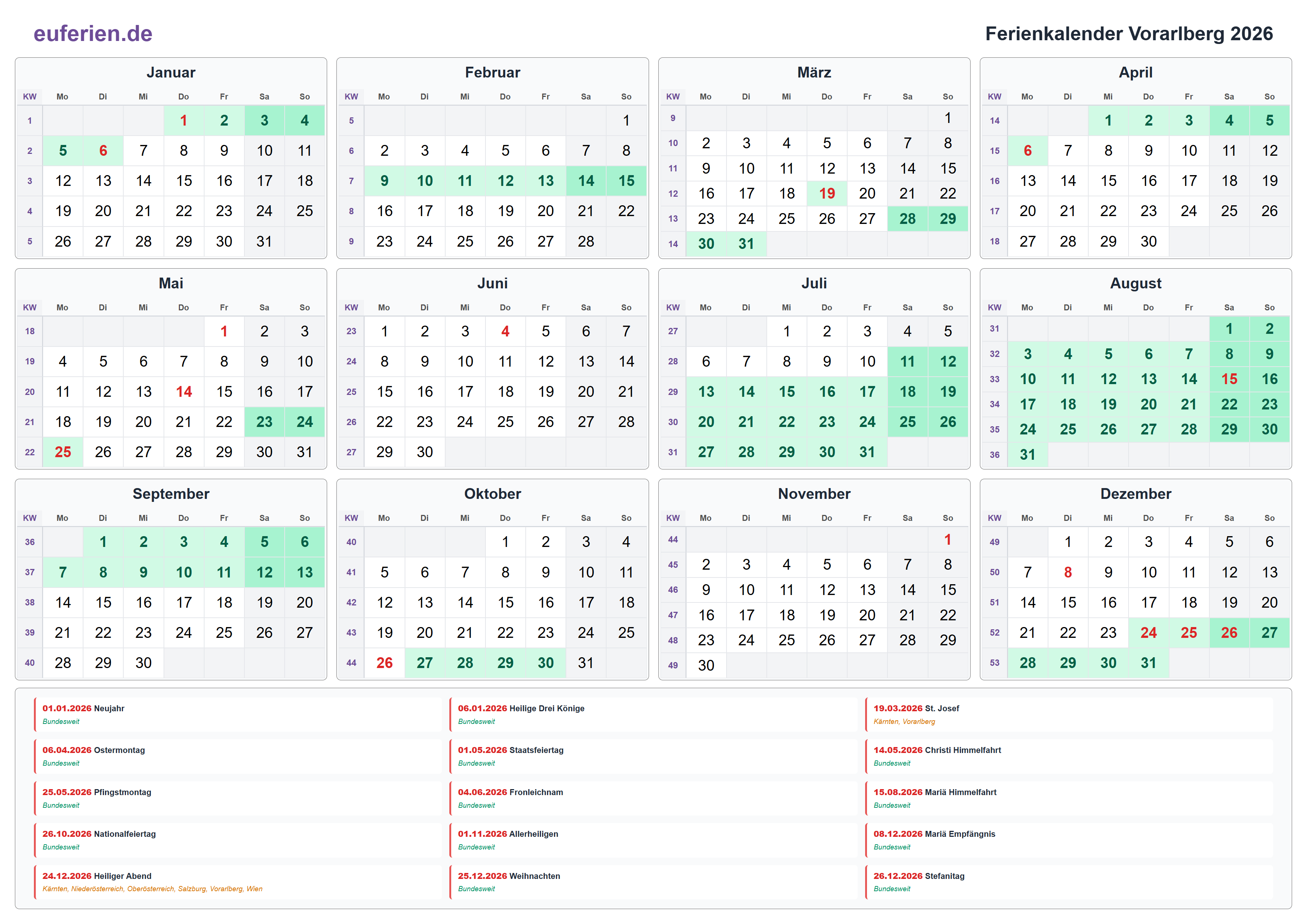 Ferienkalender Vorarlberg 2026 – Querformat
