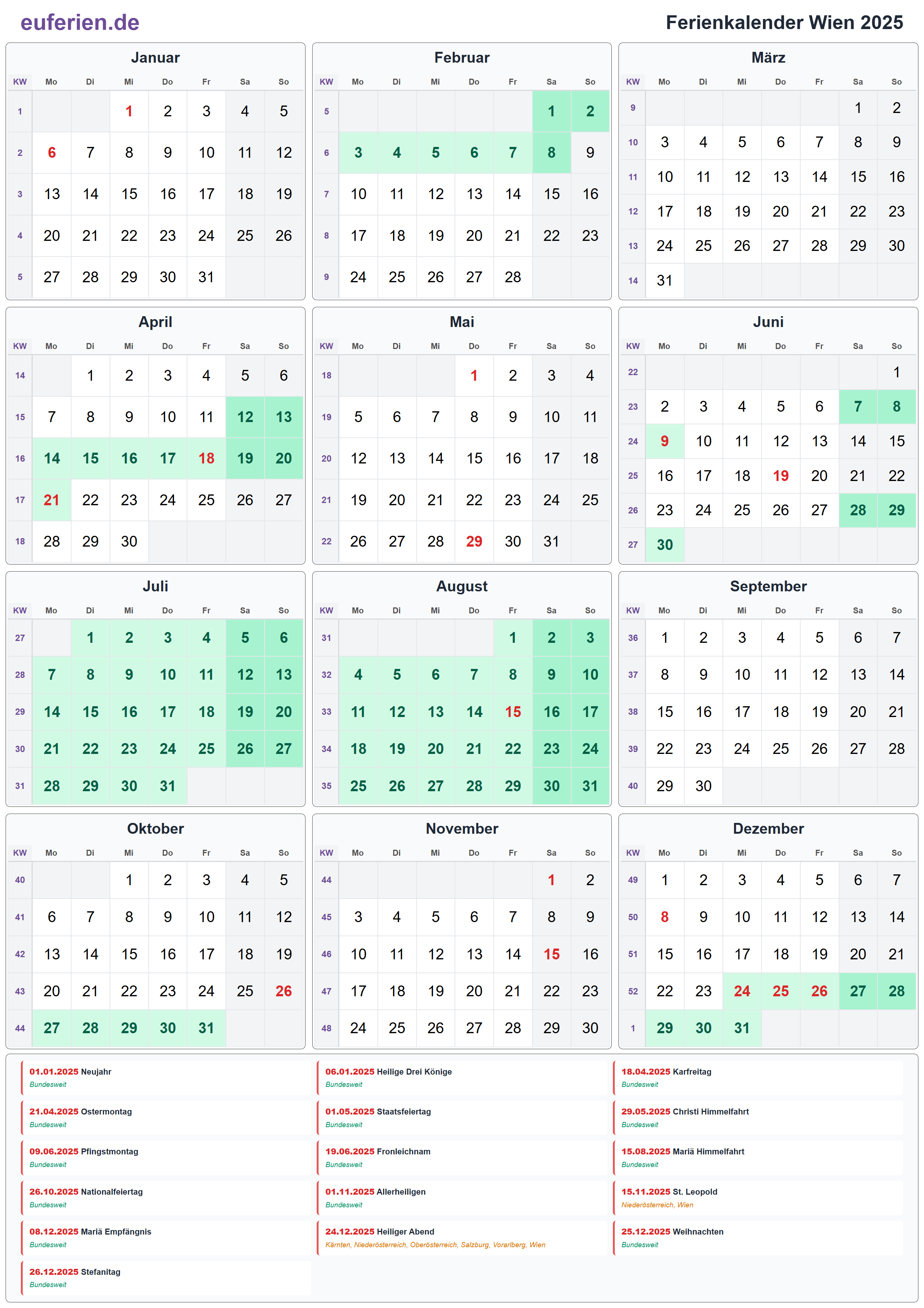 Ferienkalender Wien 2025 – Hochformat