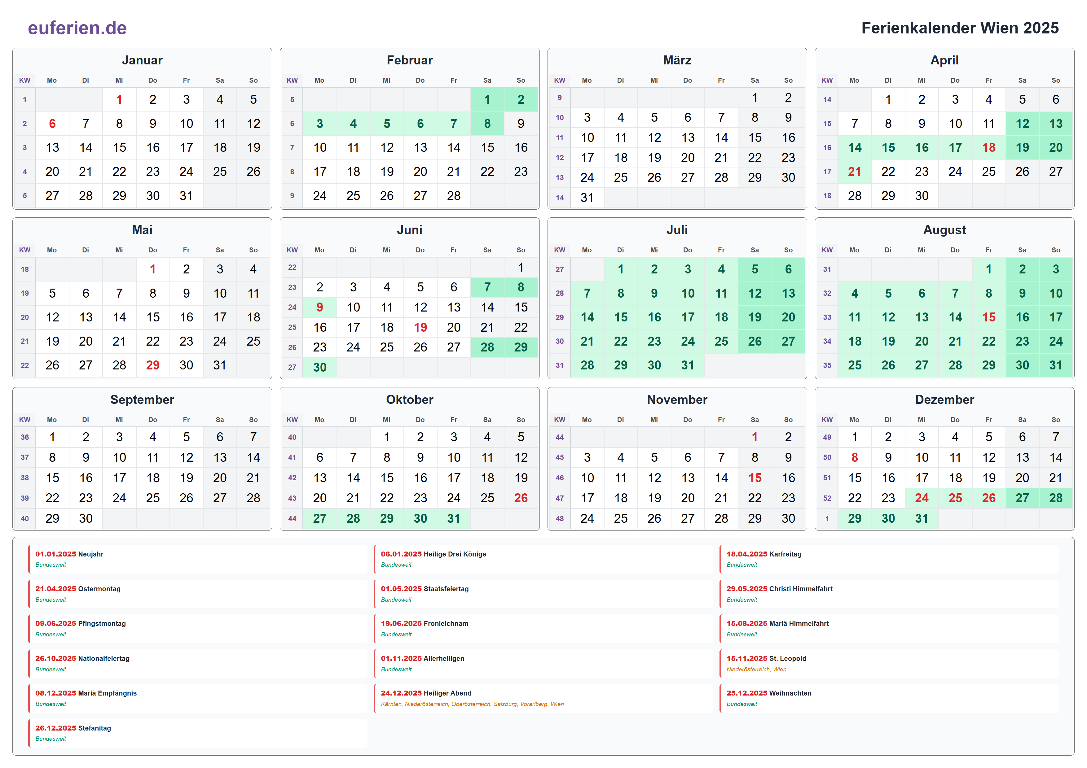 Ferienkalender Wien 2025 – Querformat