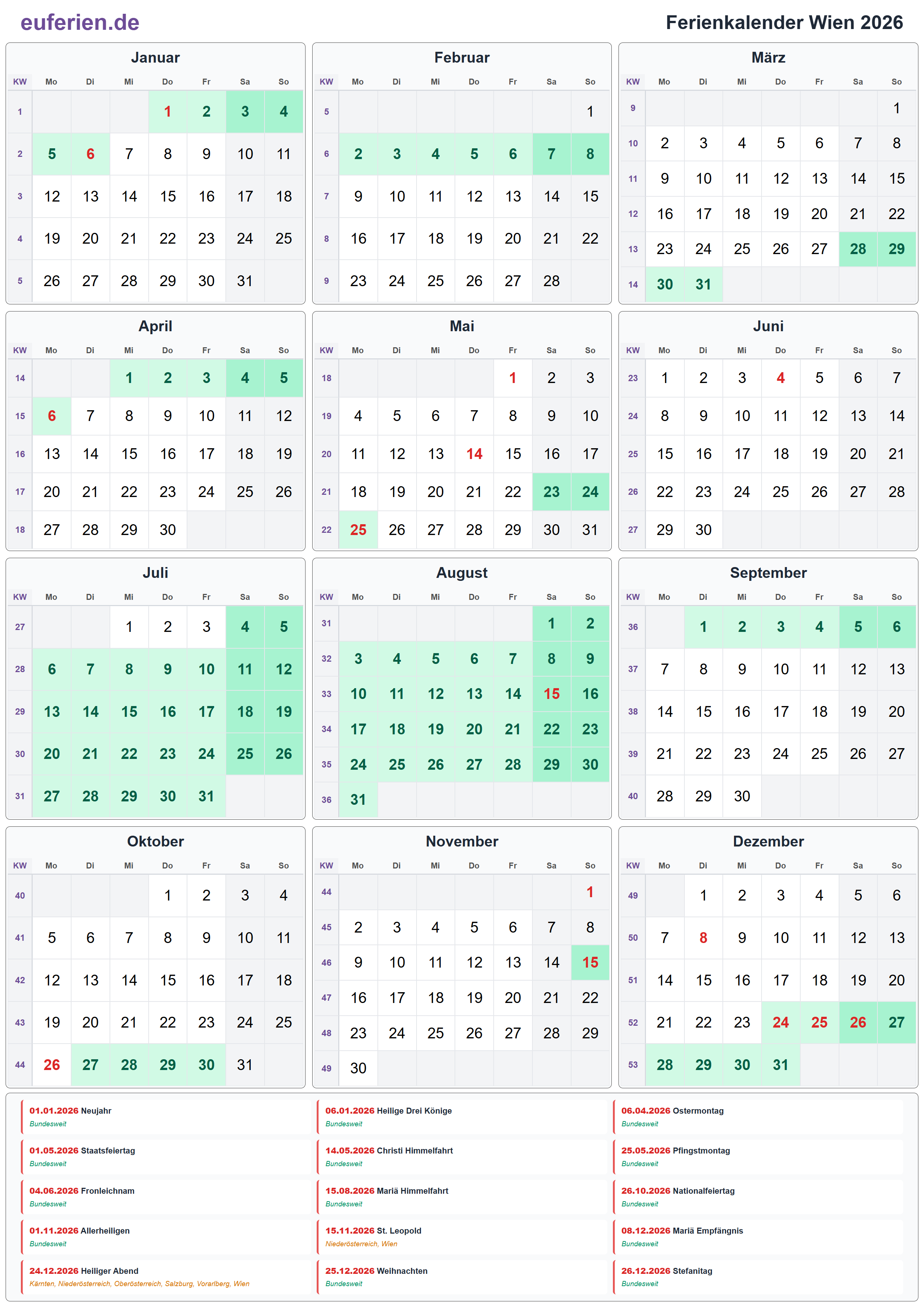 Ferienkalender Wien 2026 – Hochformat