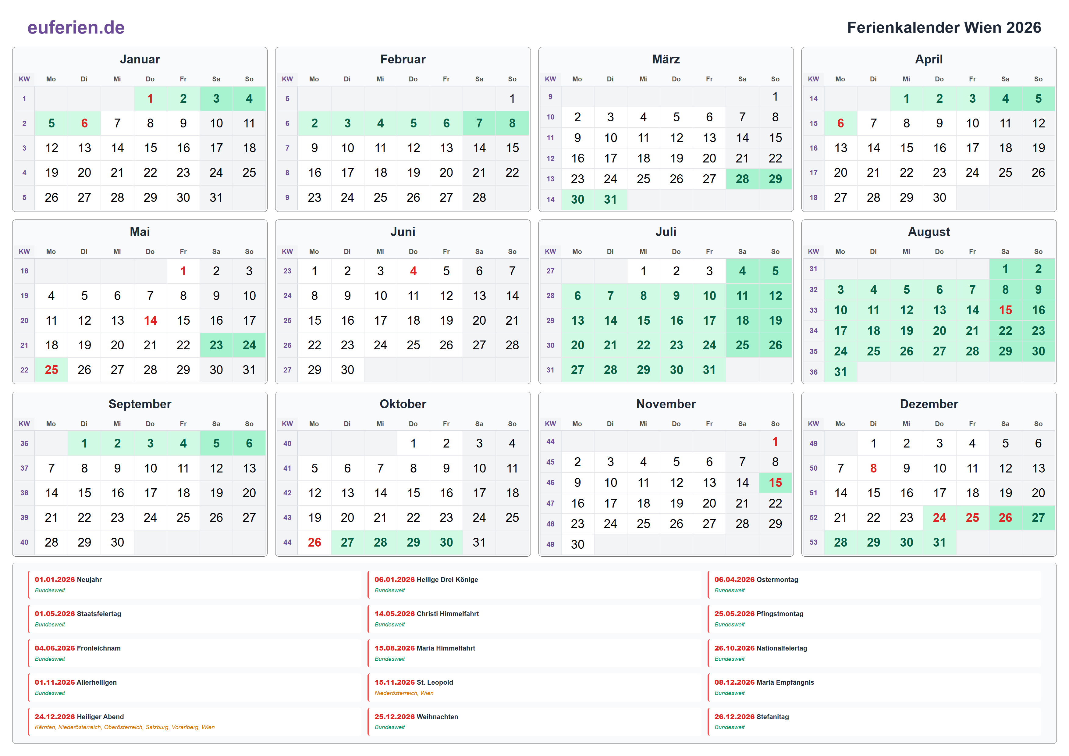 Ferienkalender Wien 2026 – Querformat