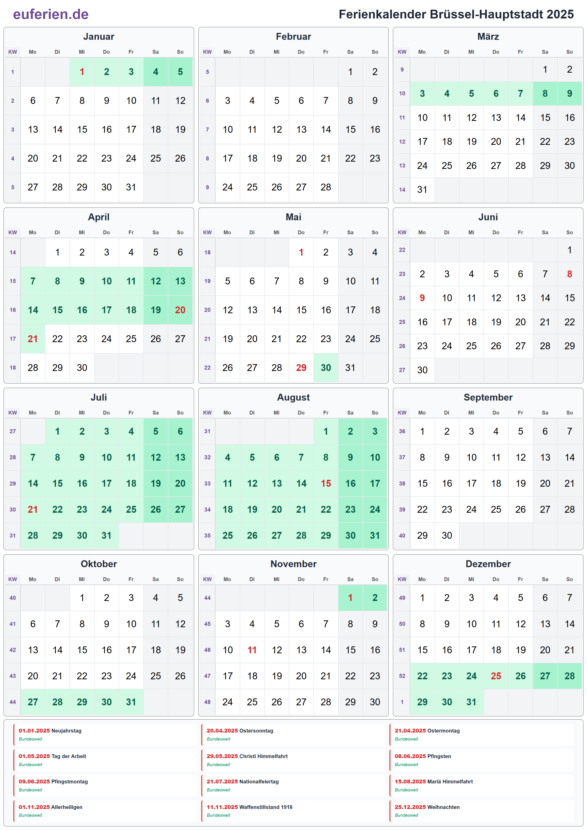 Ferienkalender Brüssel-Hauptstadt 2025 – Hochformat