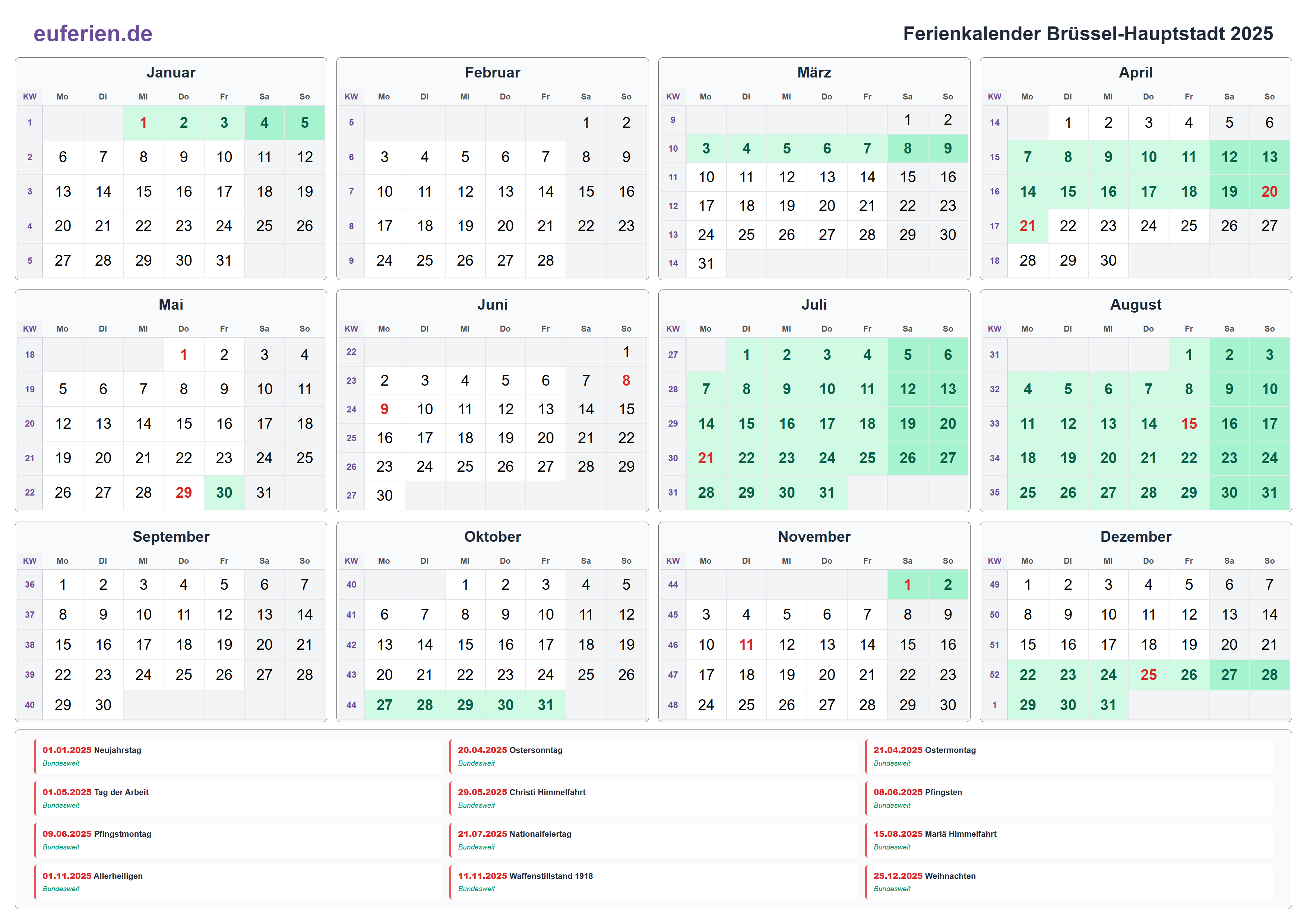 Ferienkalender Brüssel-Hauptstadt 2025 – Querformat