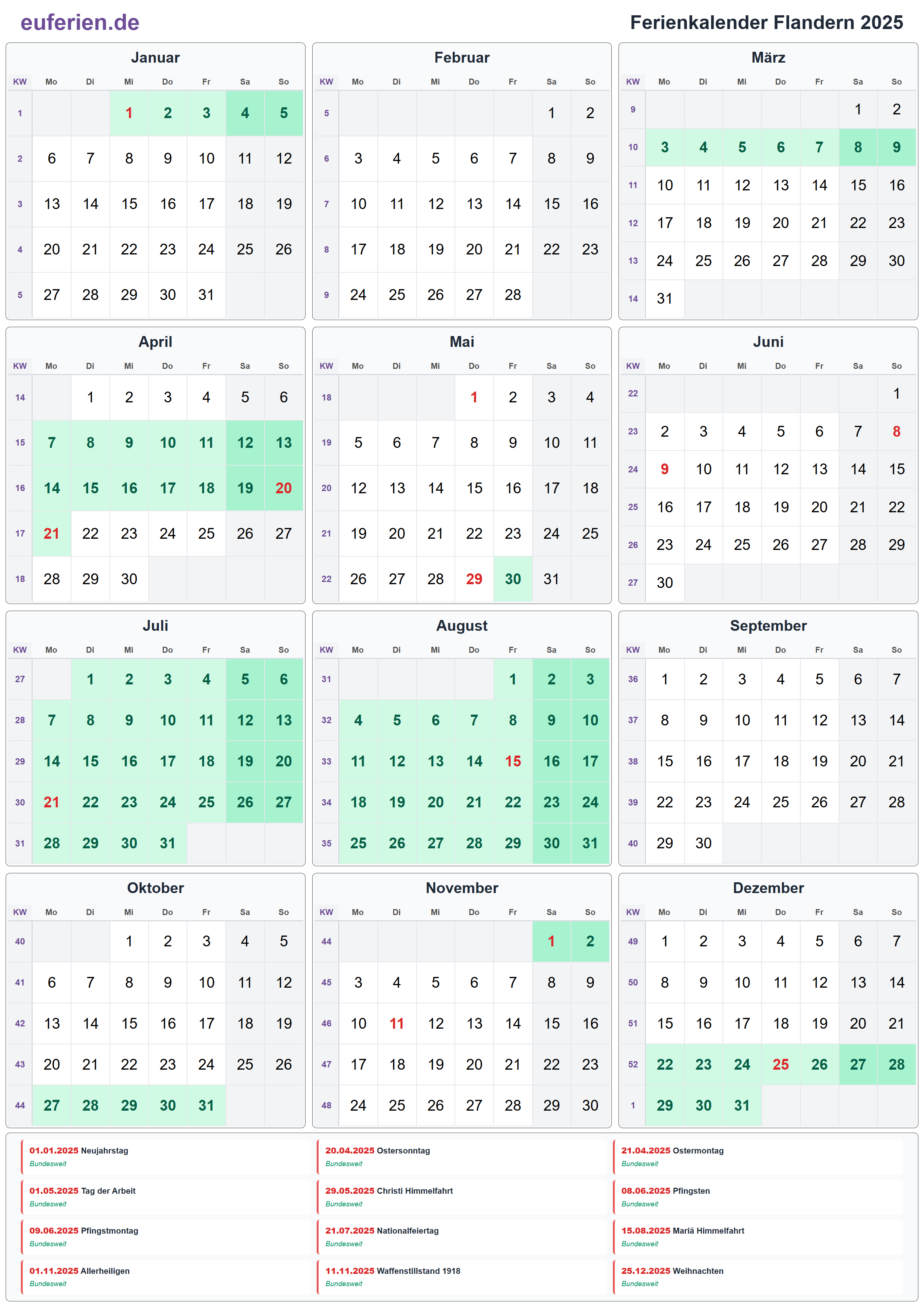 Ferienkalender Flandern 2025 – Hochformat