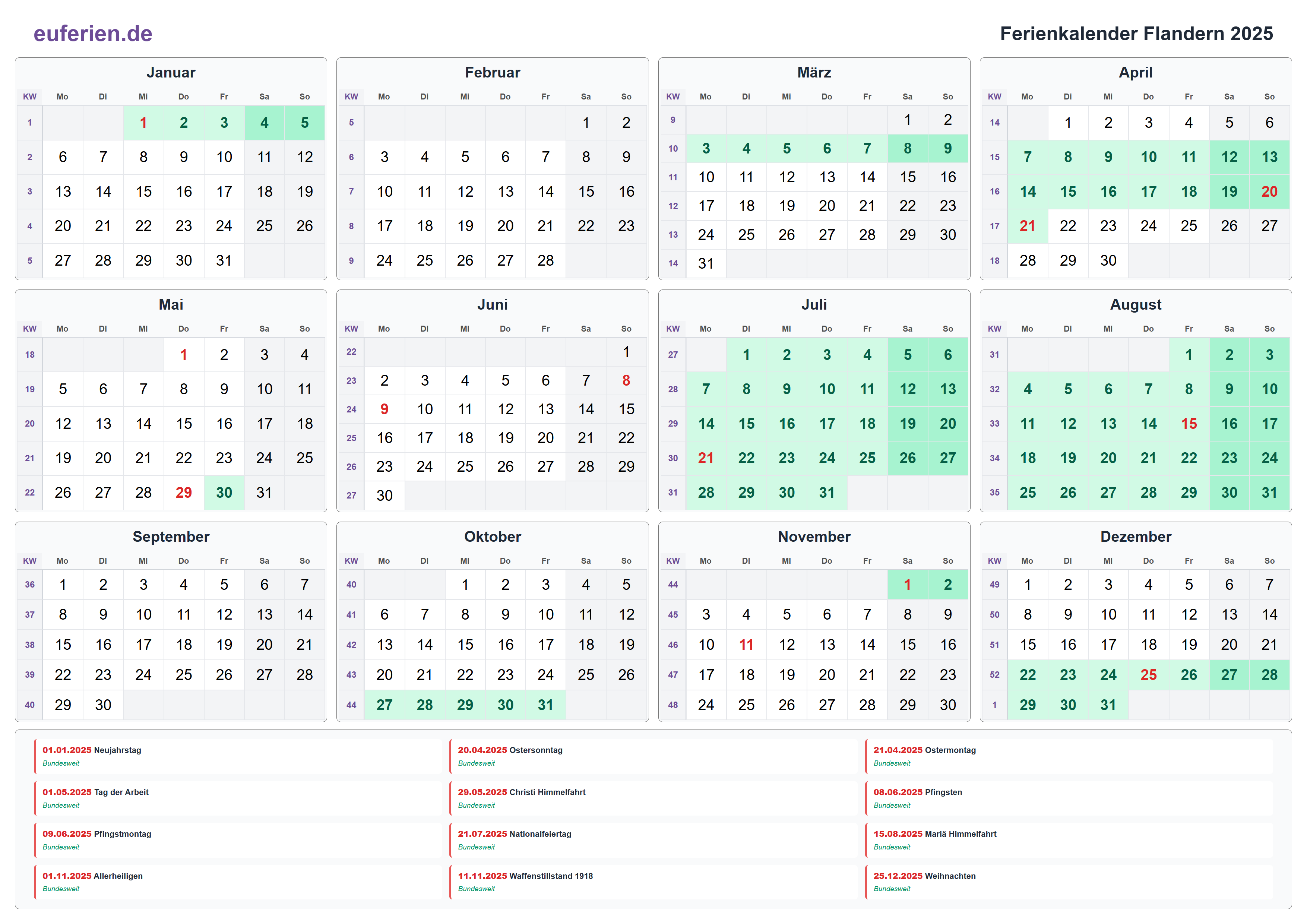Ferienkalender Flandern 2025 – Querformat