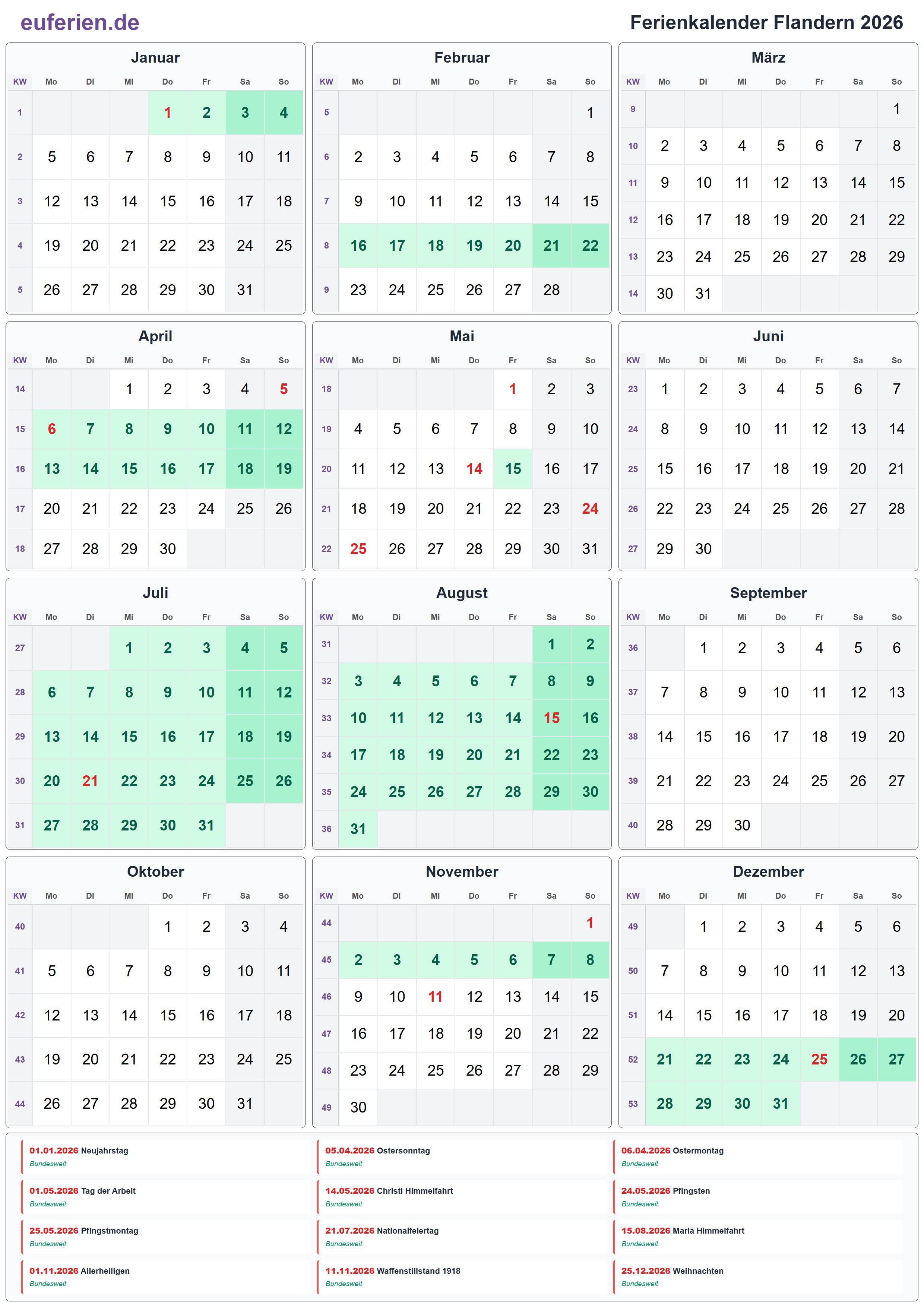 Ferienkalender Flandern 2026 – Hochformat