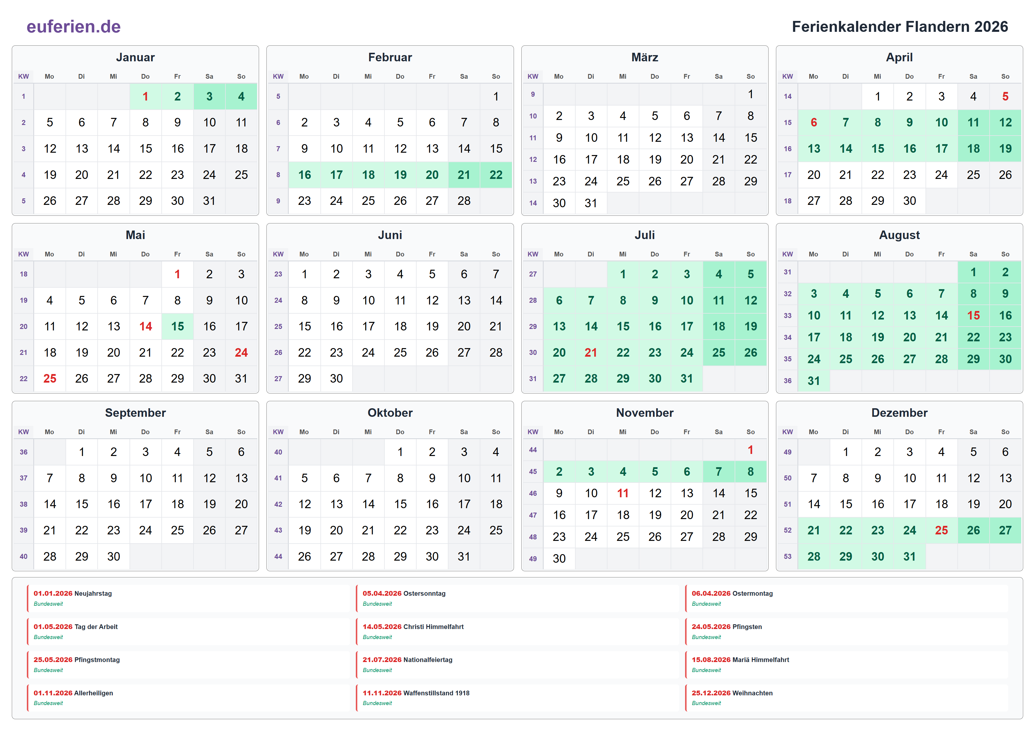 Ferienkalender Flandern 2026 – Querformat
