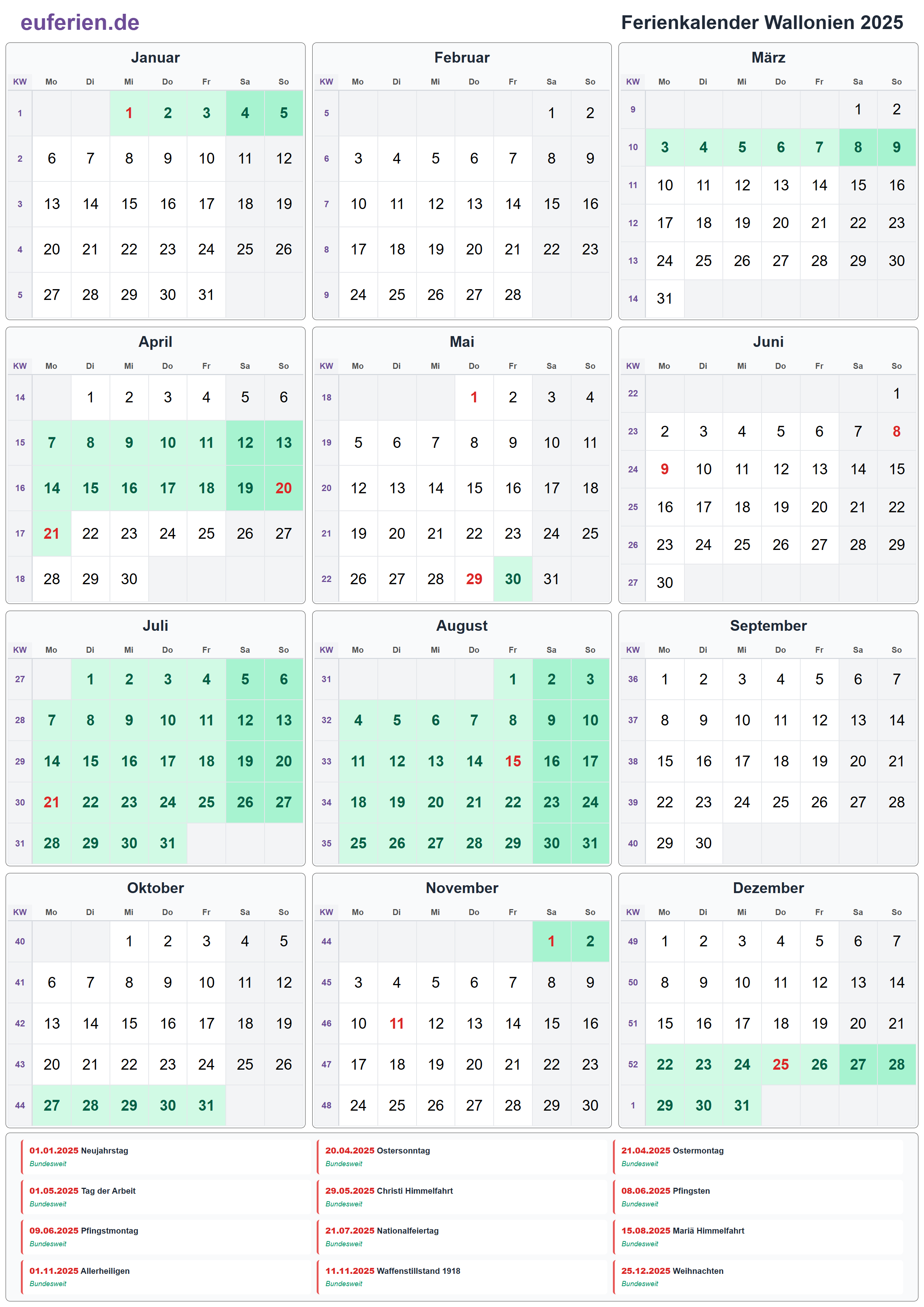 Ferienkalender Wallonien 2025 – Hochformat
