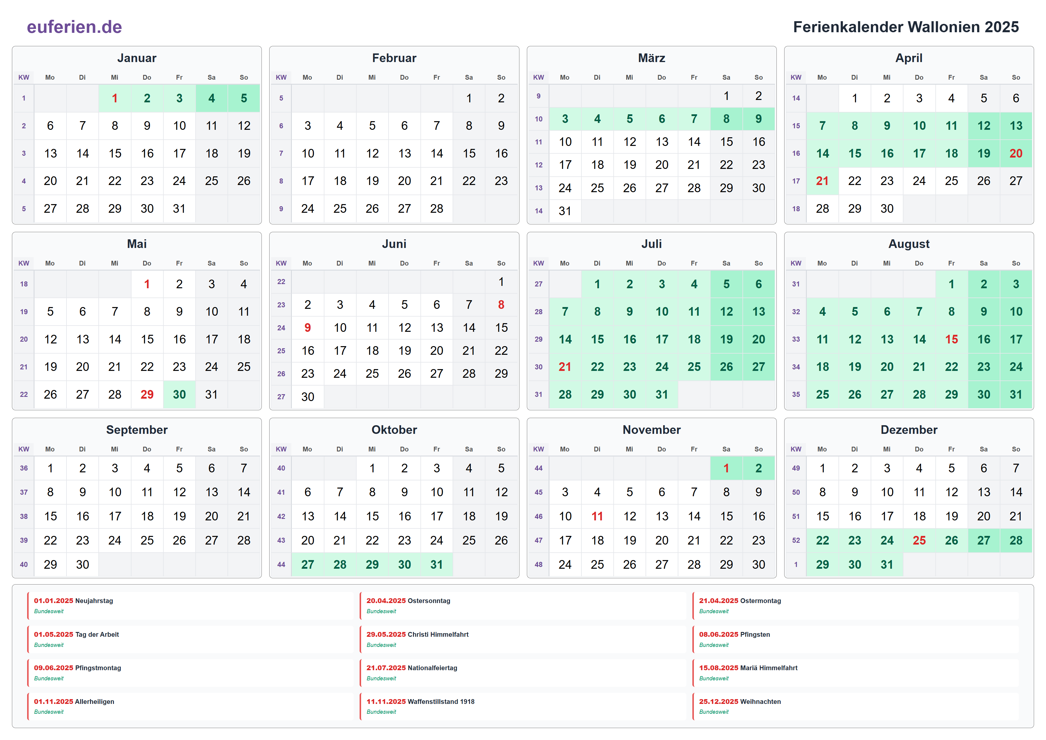 Ferienkalender Wallonien 2025 – Querformat