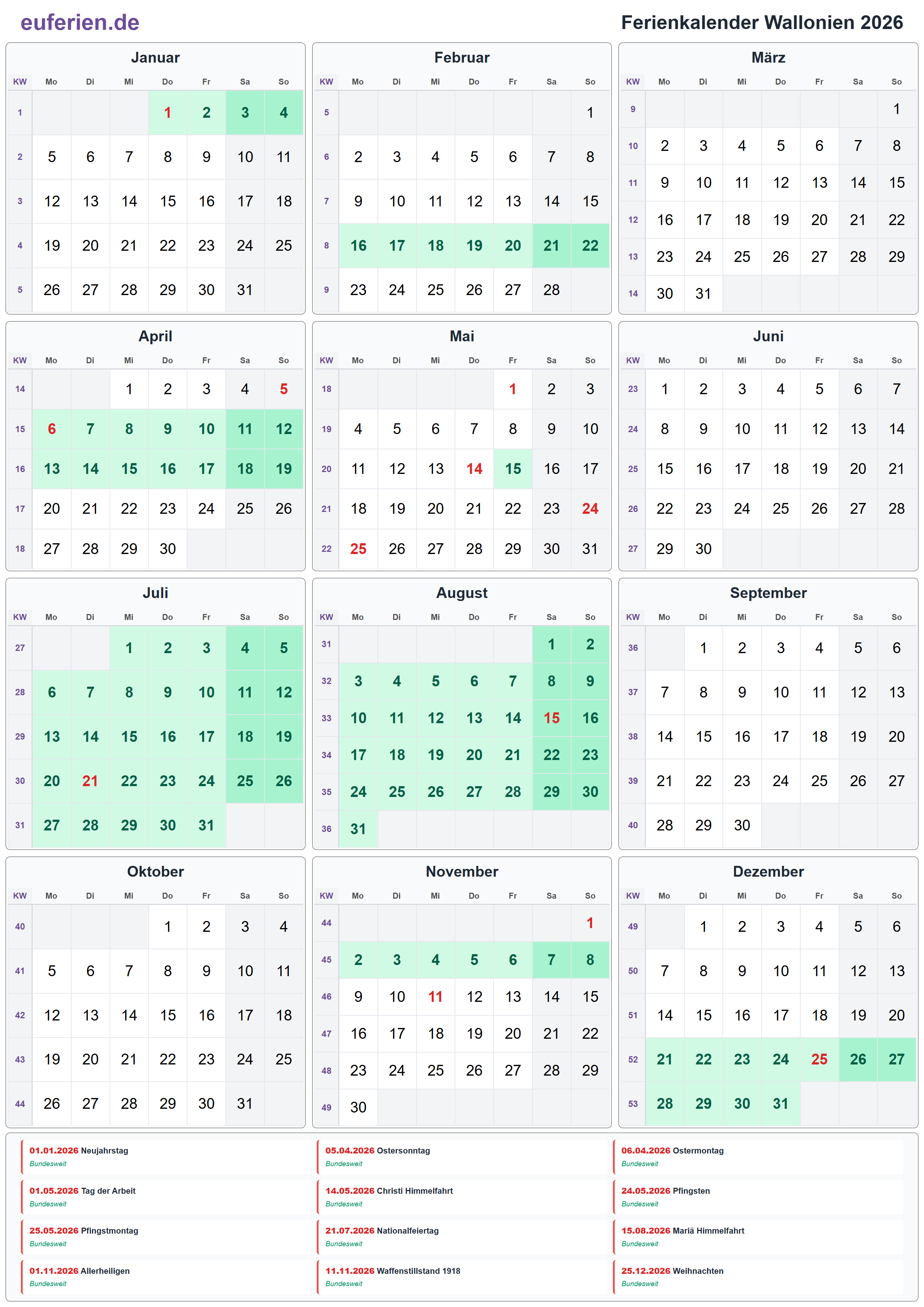 Ferienkalender Wallonien 2026 – Hochformat