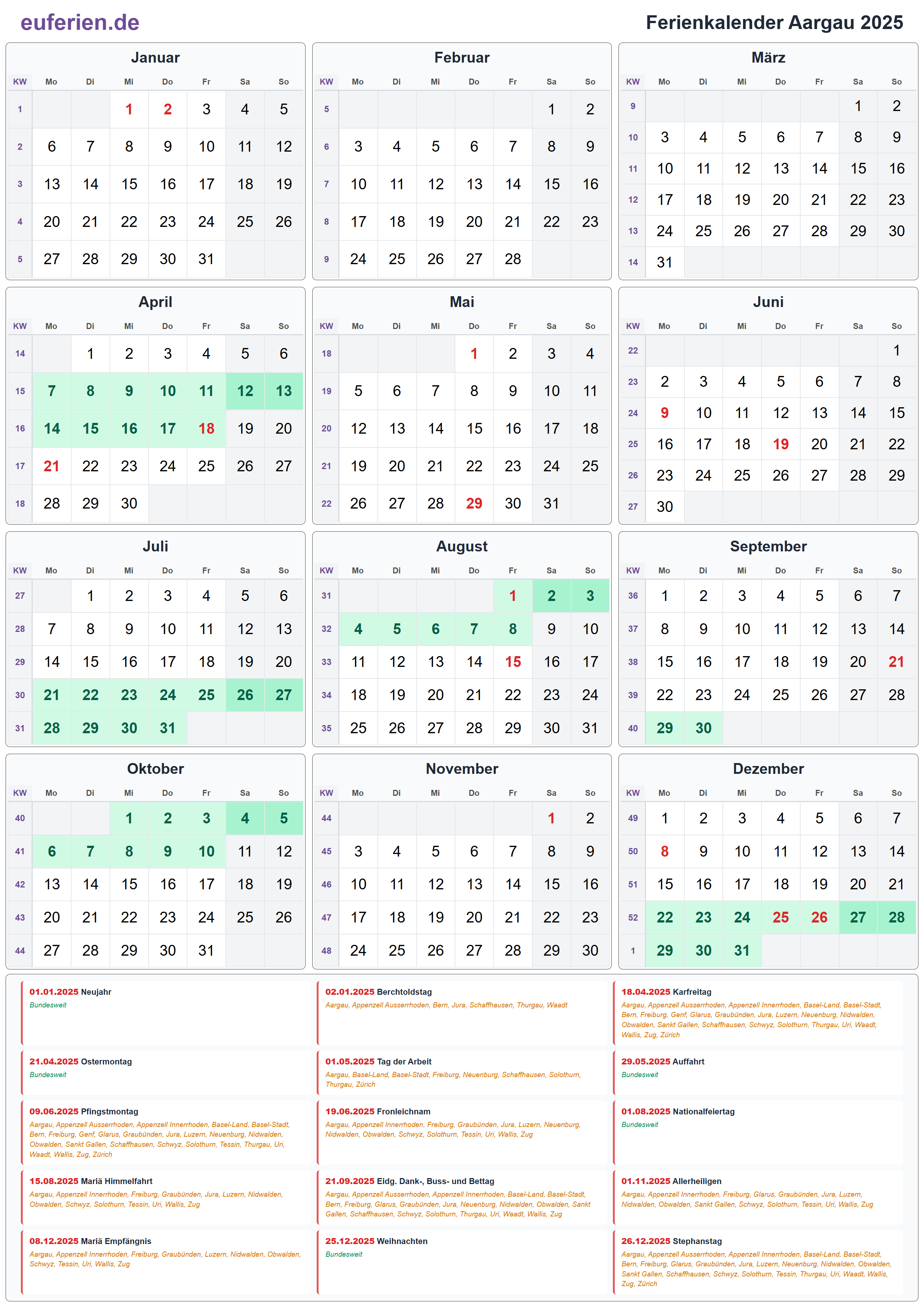 Ferienkalender Aargau 2025 – Hochformat