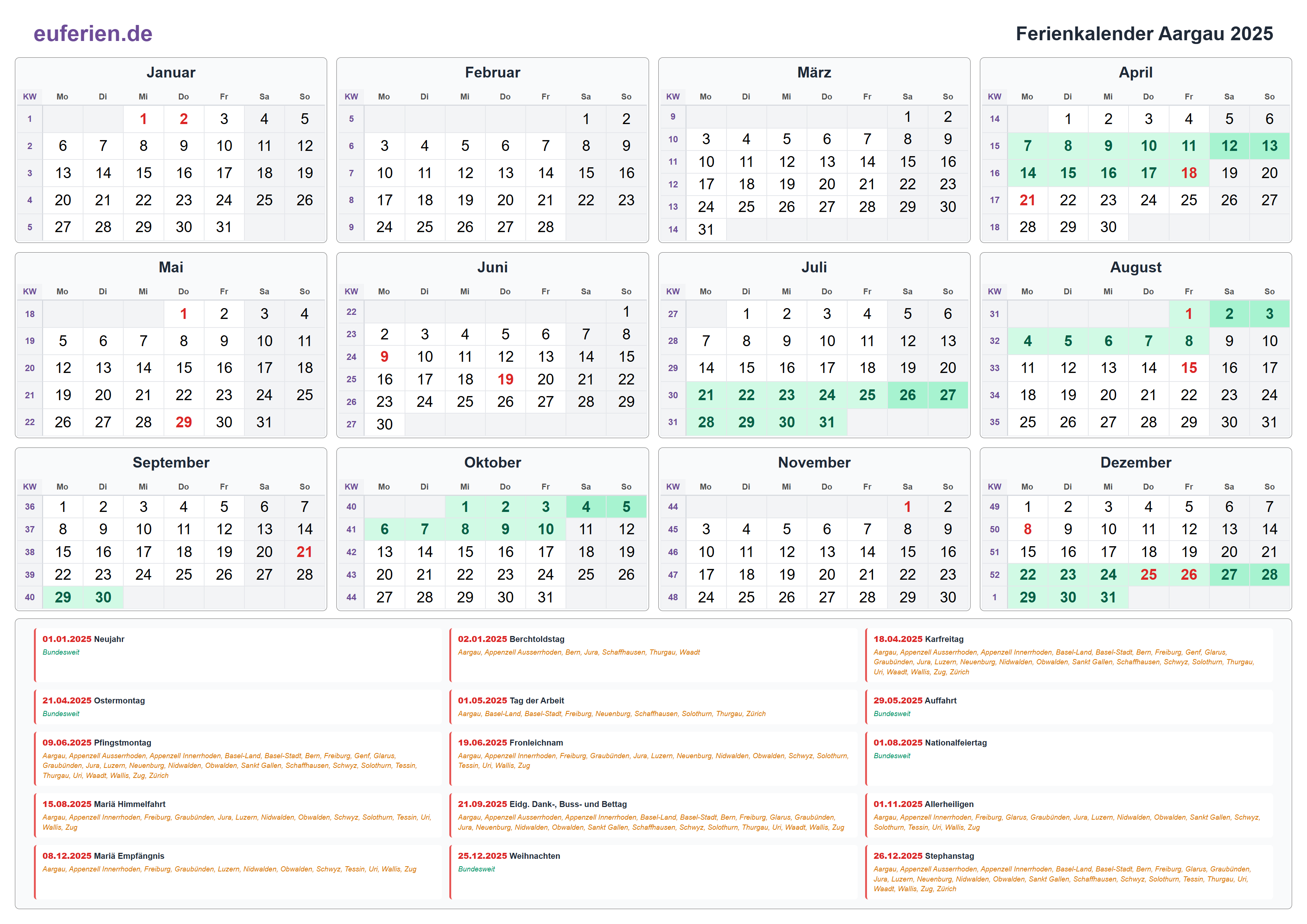 Ferienkalender Aargau 2025 – Querformat