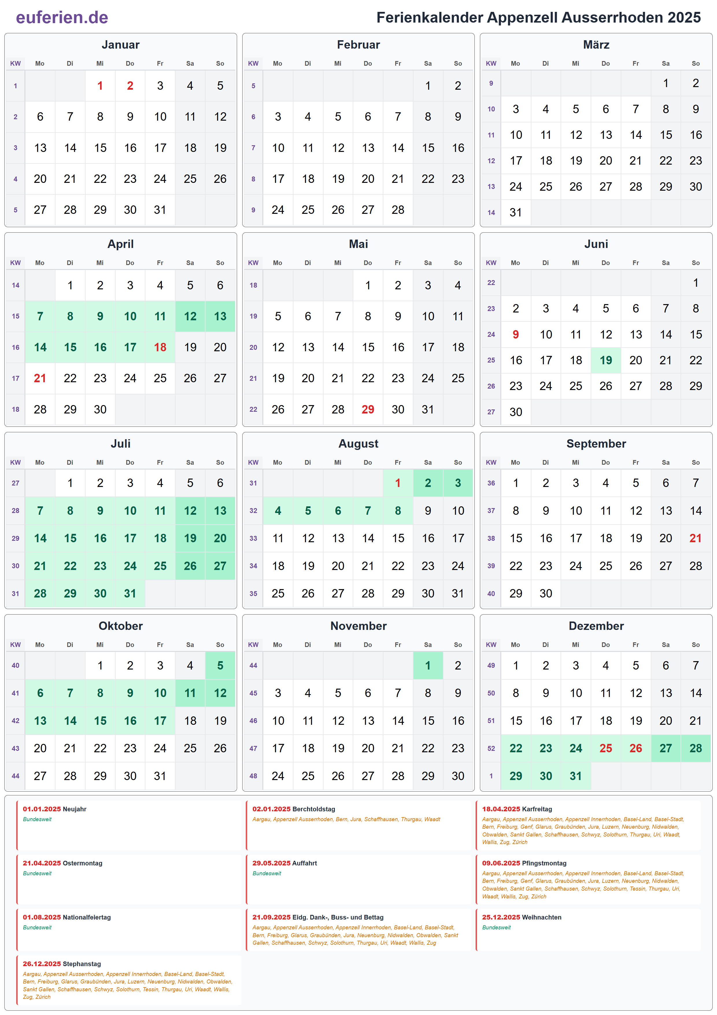 Ferienkalender Appenzell Ausserrhoden 2025 – Hochformat