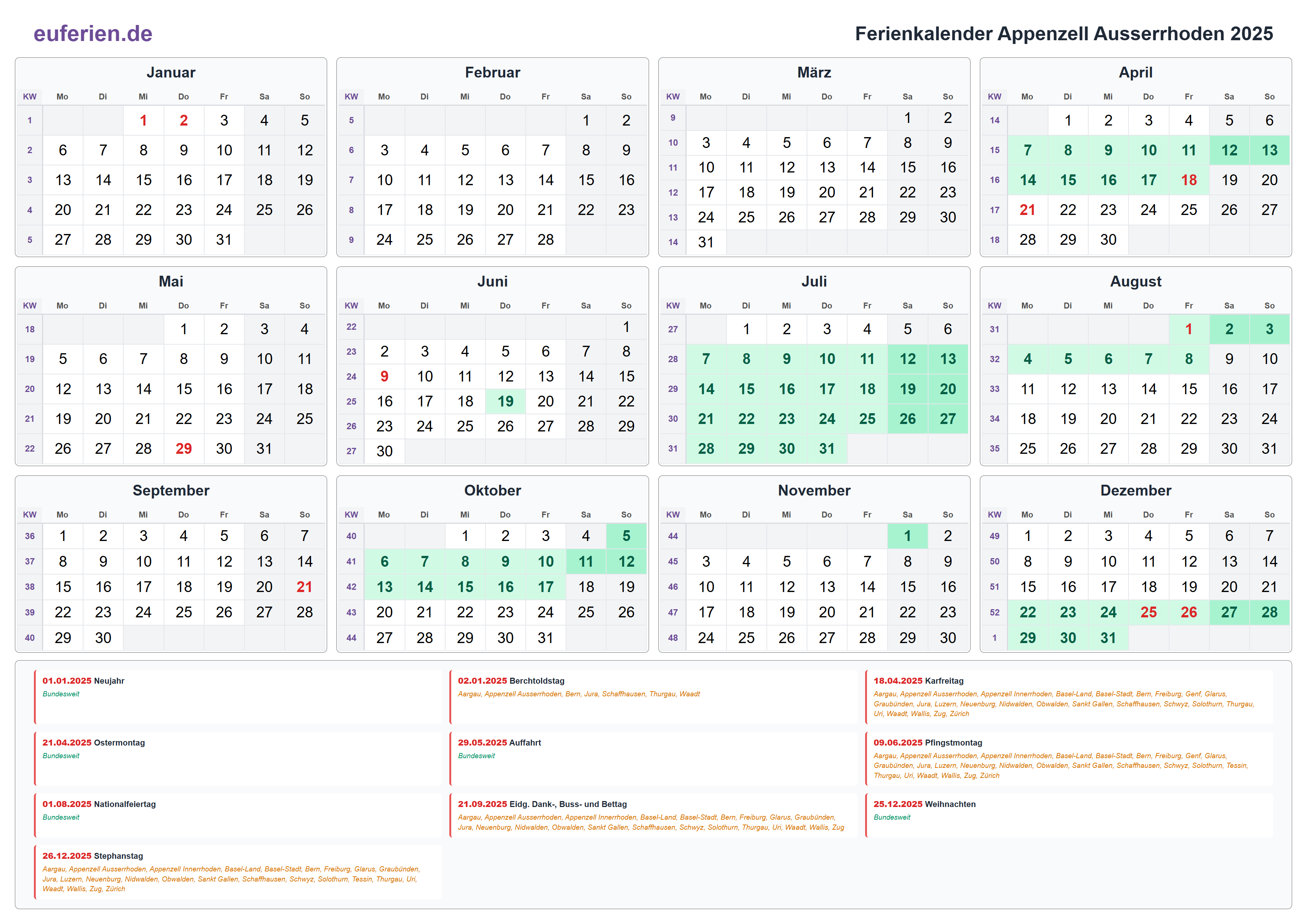 Ferienkalender Appenzell Ausserrhoden 2025 – Querformat