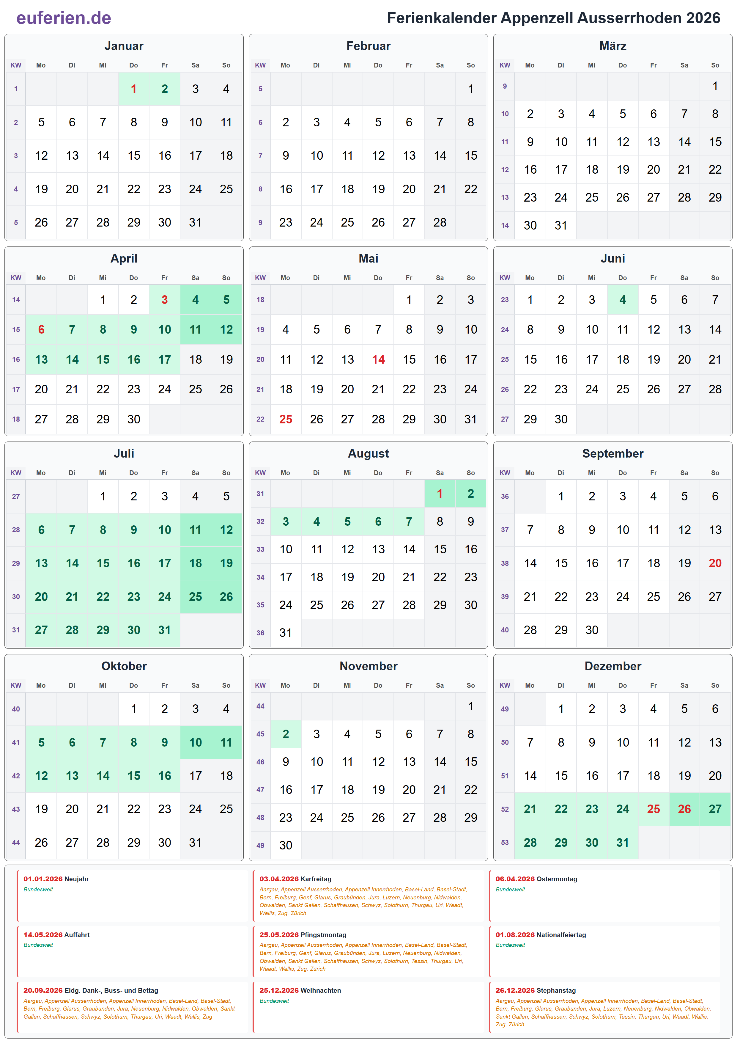 Ferienkalender Appenzell Ausserrhoden 2026 – Hochformat