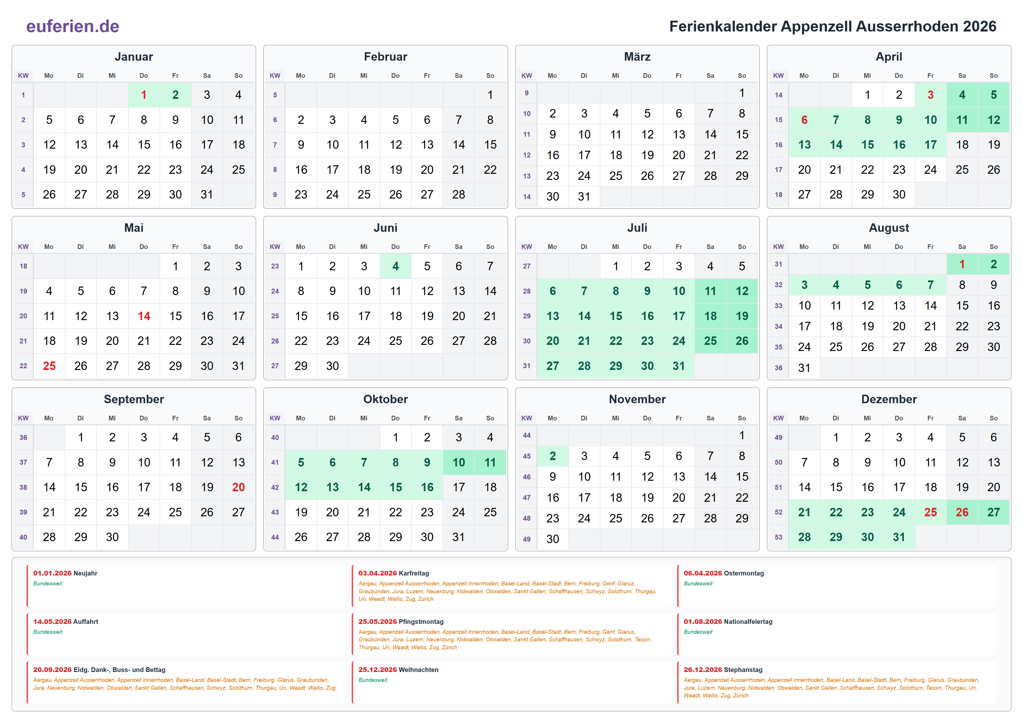 Ferienkalender Appenzell Ausserrhoden 2026 – Querformat