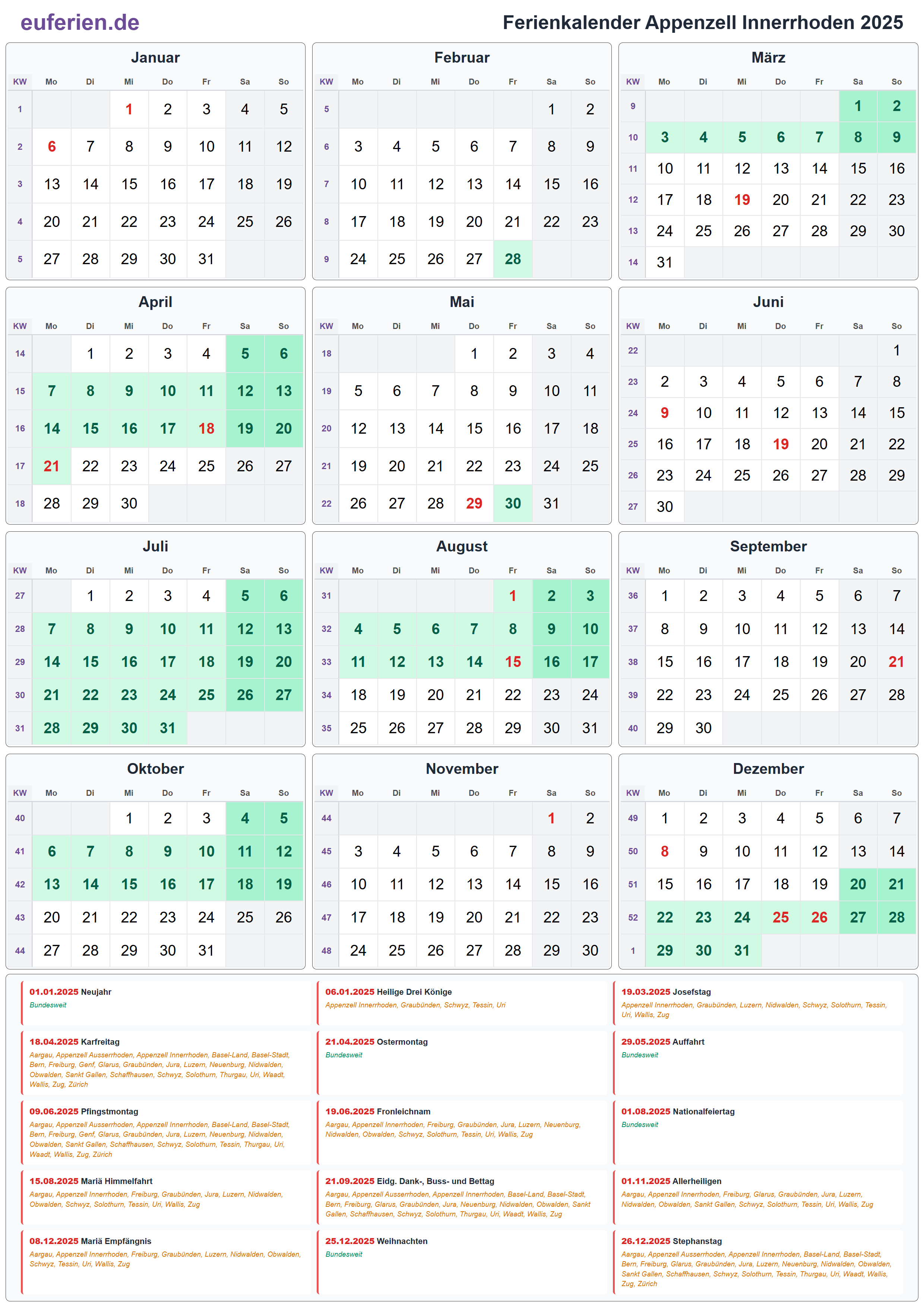 Ferienkalender Appenzell Innerrhoden 2025 – Hochformat