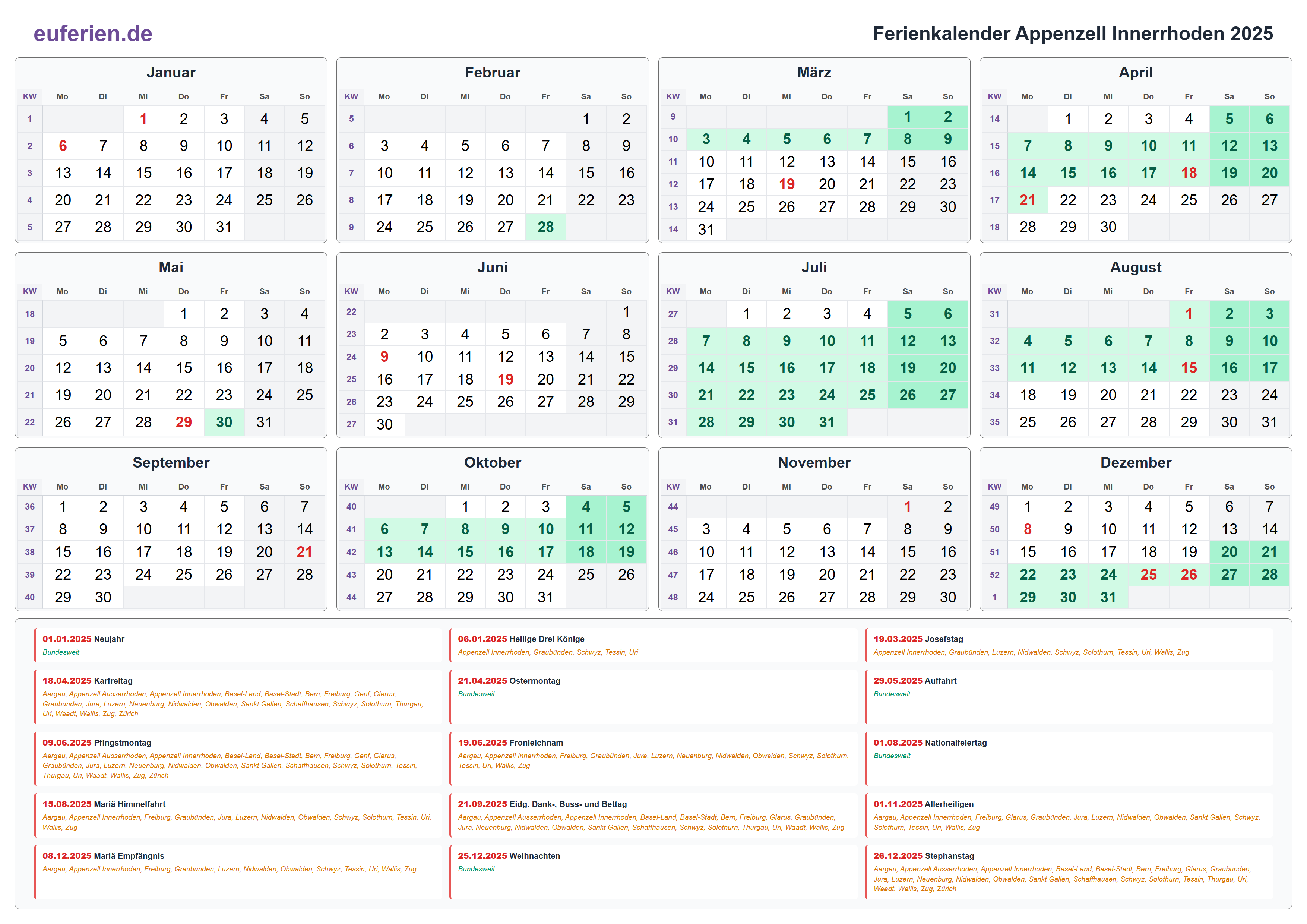Ferienkalender Appenzell Innerrhoden 2025 – Querformat