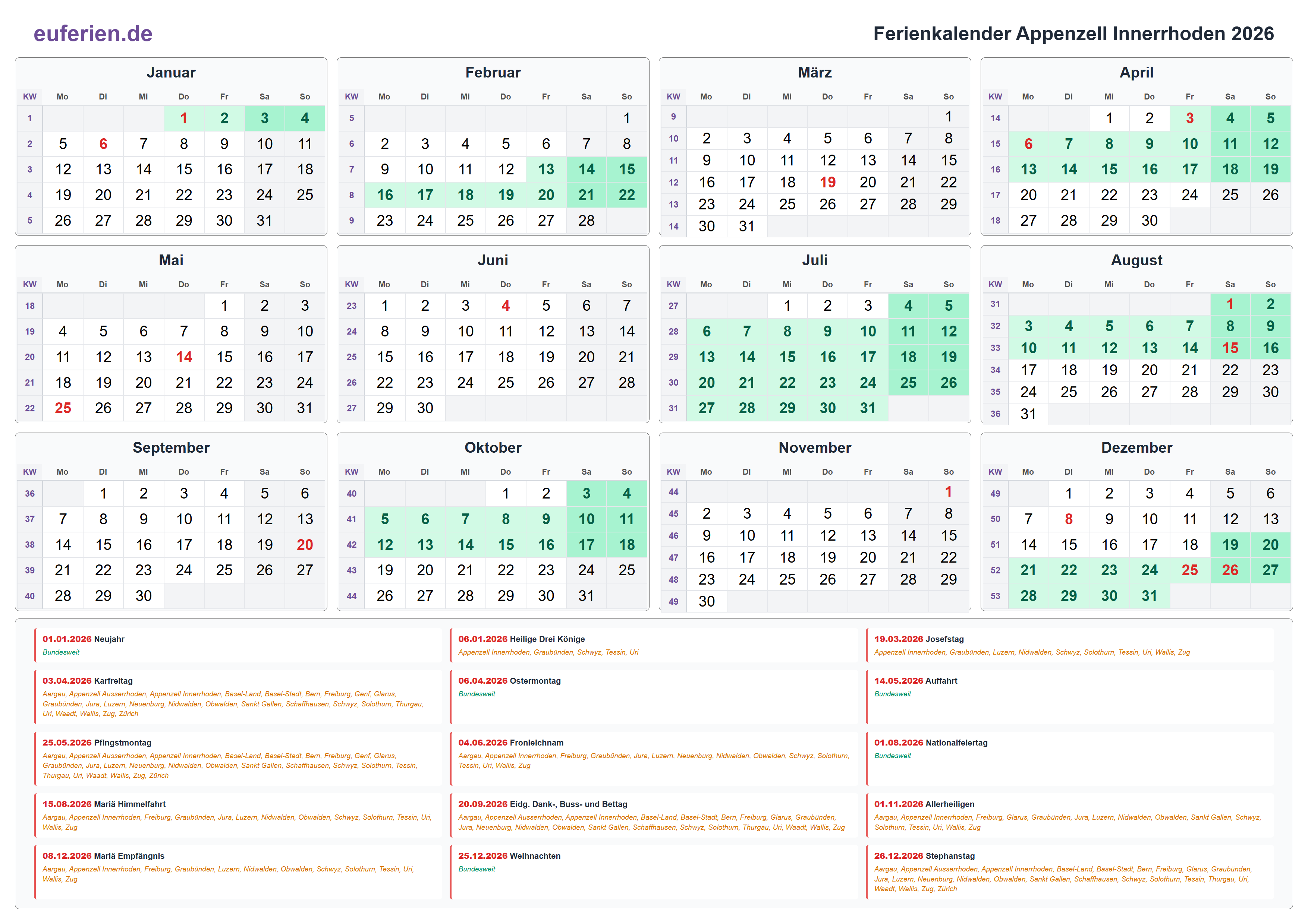 Ferienkalender Appenzell Innerrhoden 2026 – Querformat