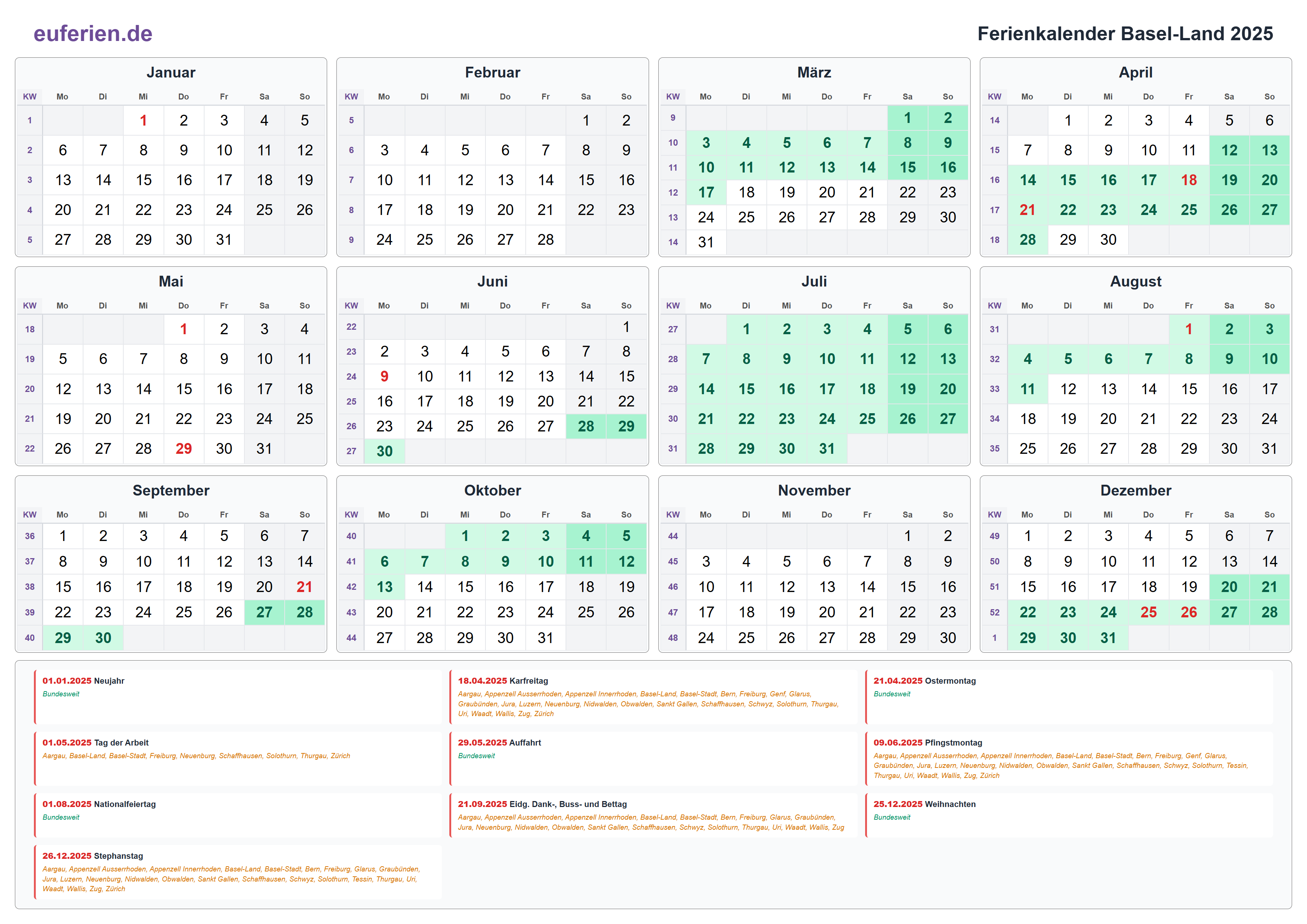 Ferienkalender Basel-Land 2025 – Querformat