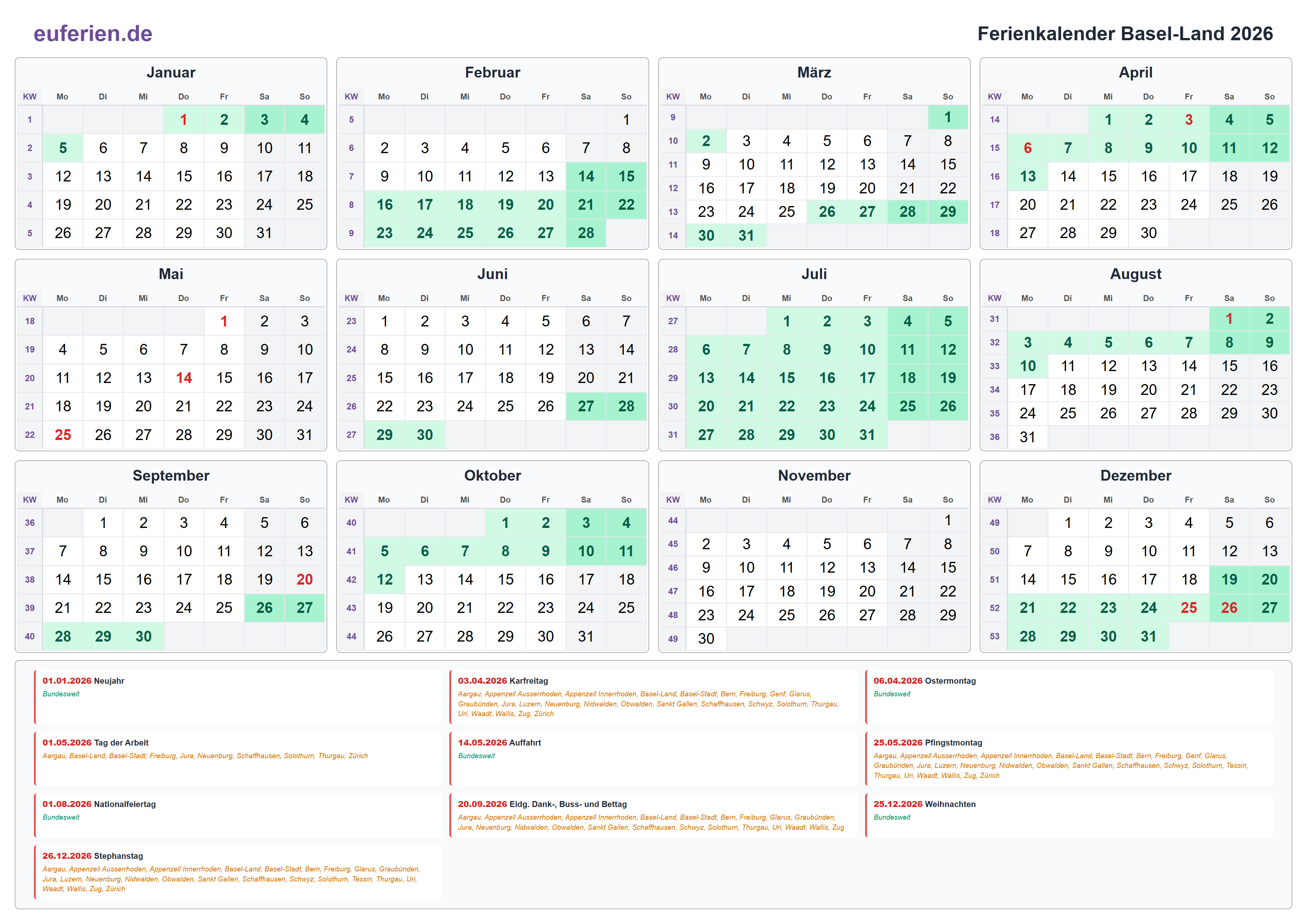 Ferienkalender Basel-Land 2026 – Querformat