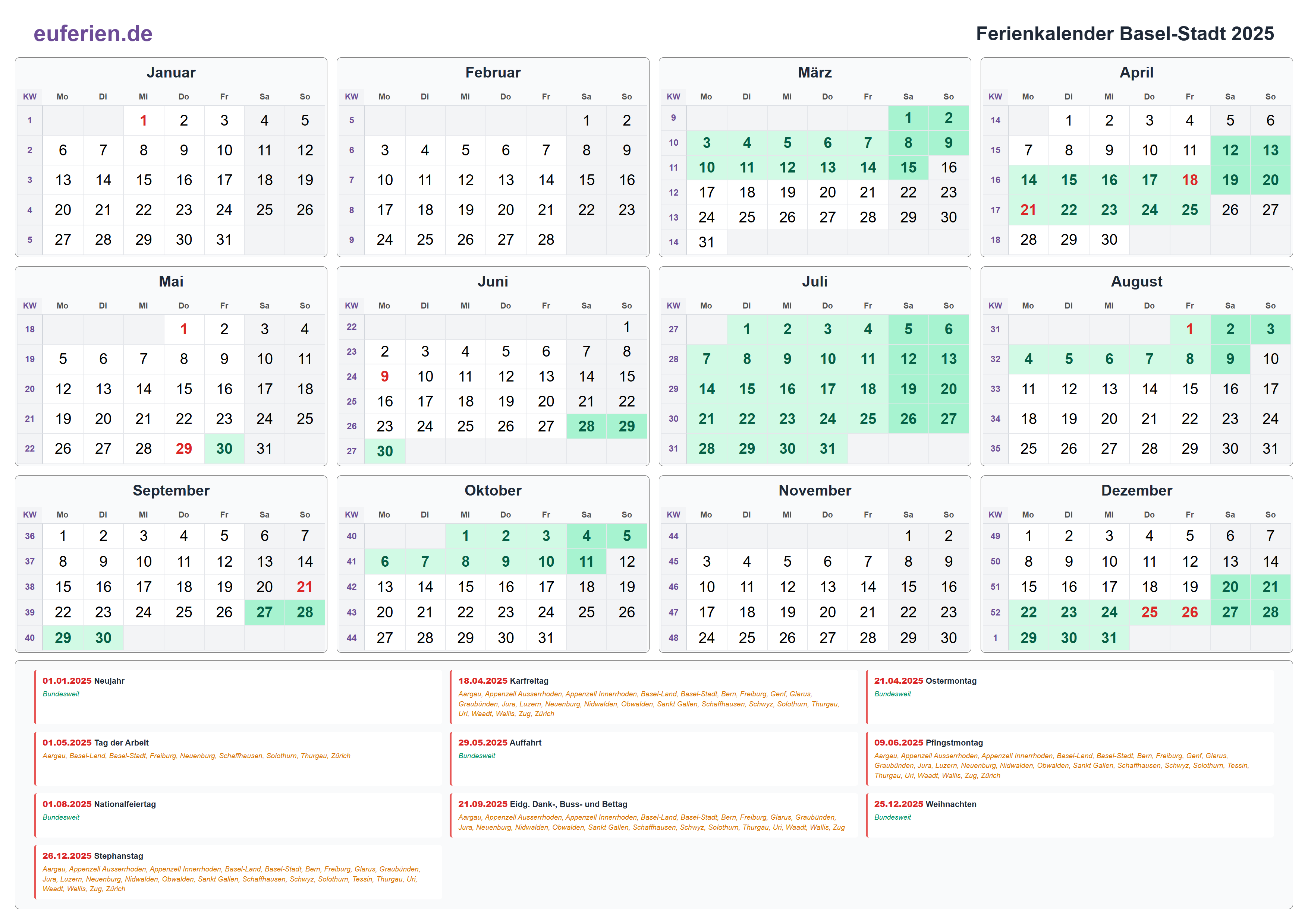 Ferienkalender Basel-Stadt 2025 – Querformat
