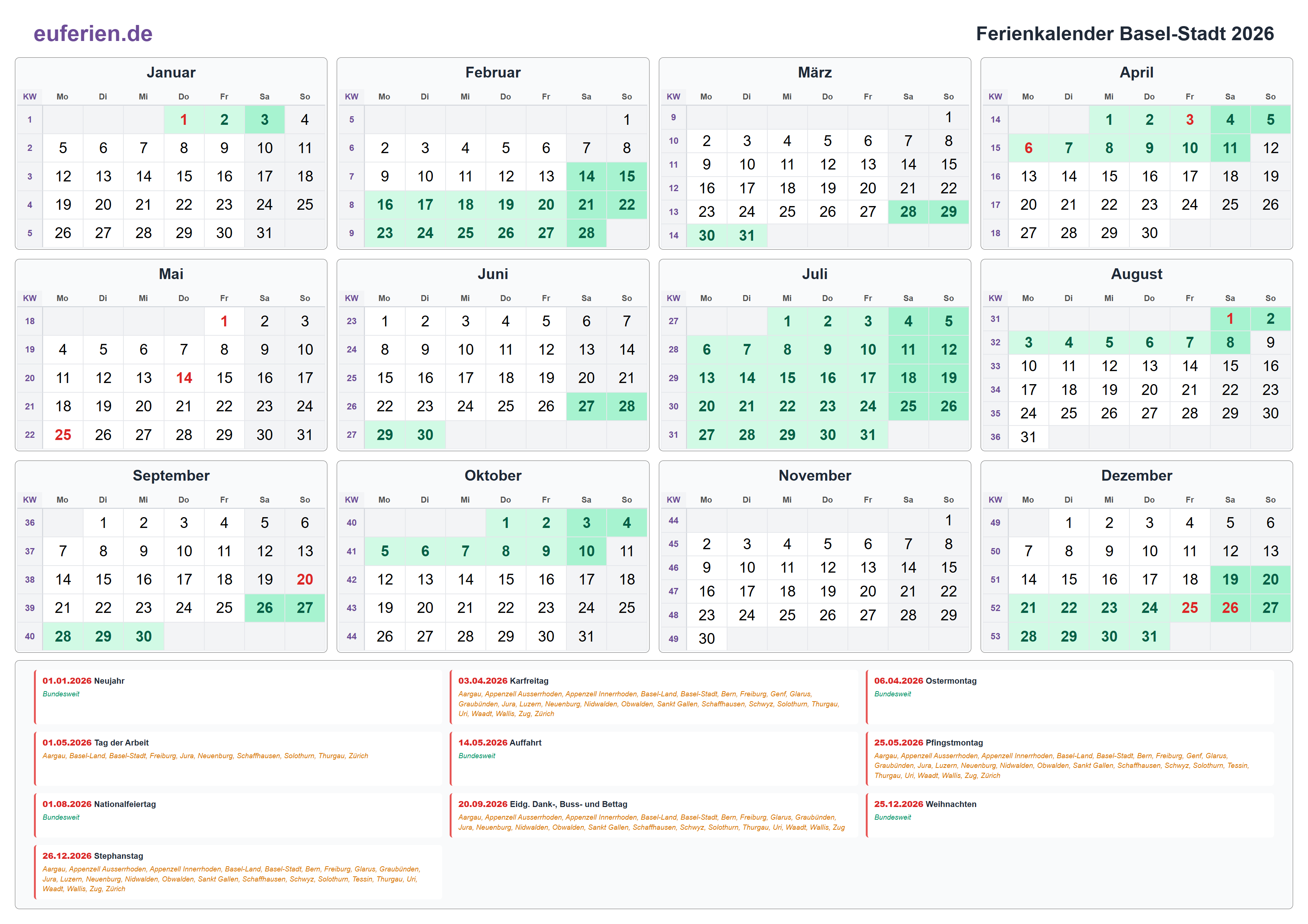 Ferienkalender Basel-Stadt 2026 – Querformat