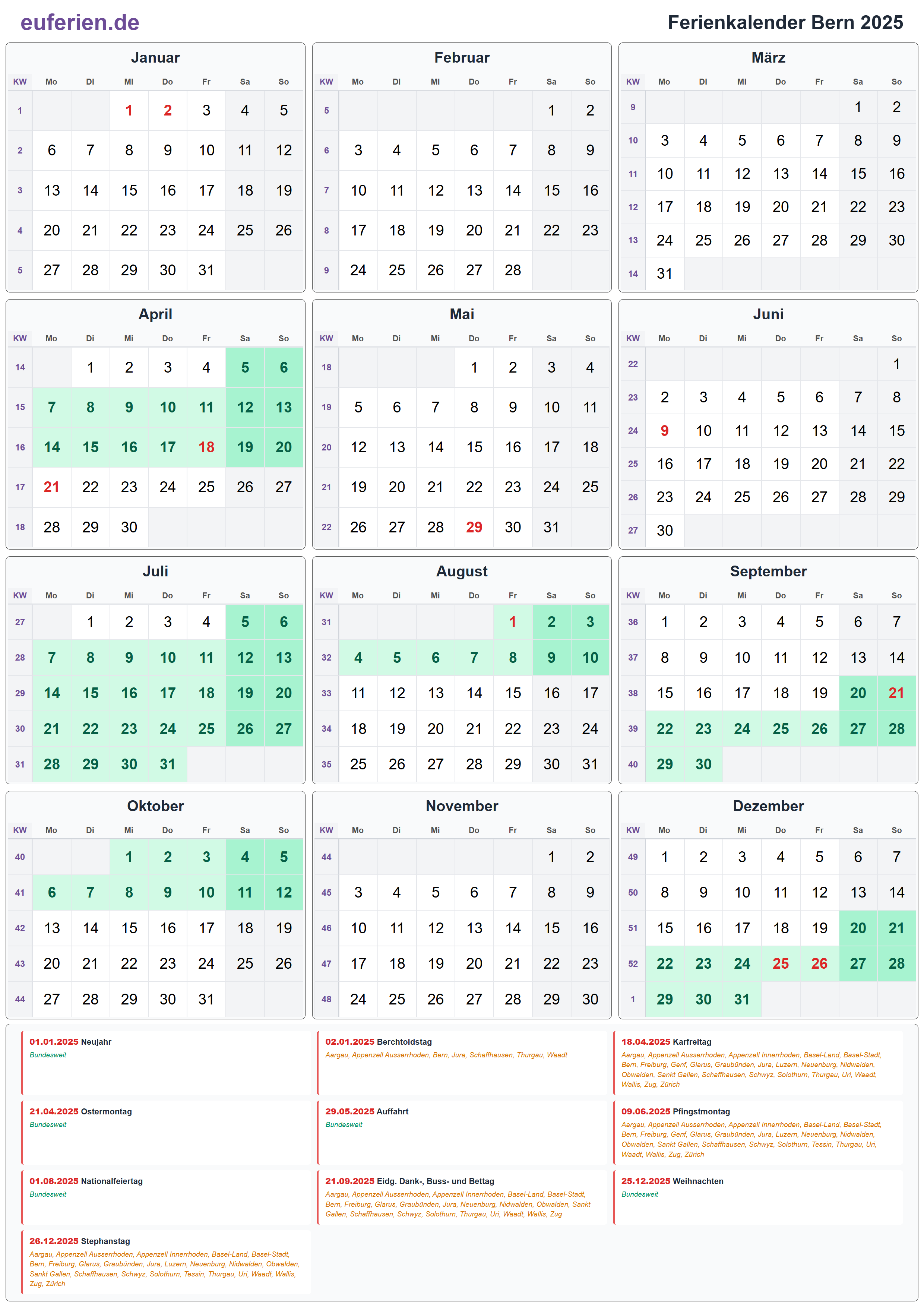 Ferienkalender Bern 2025 – Hochformat