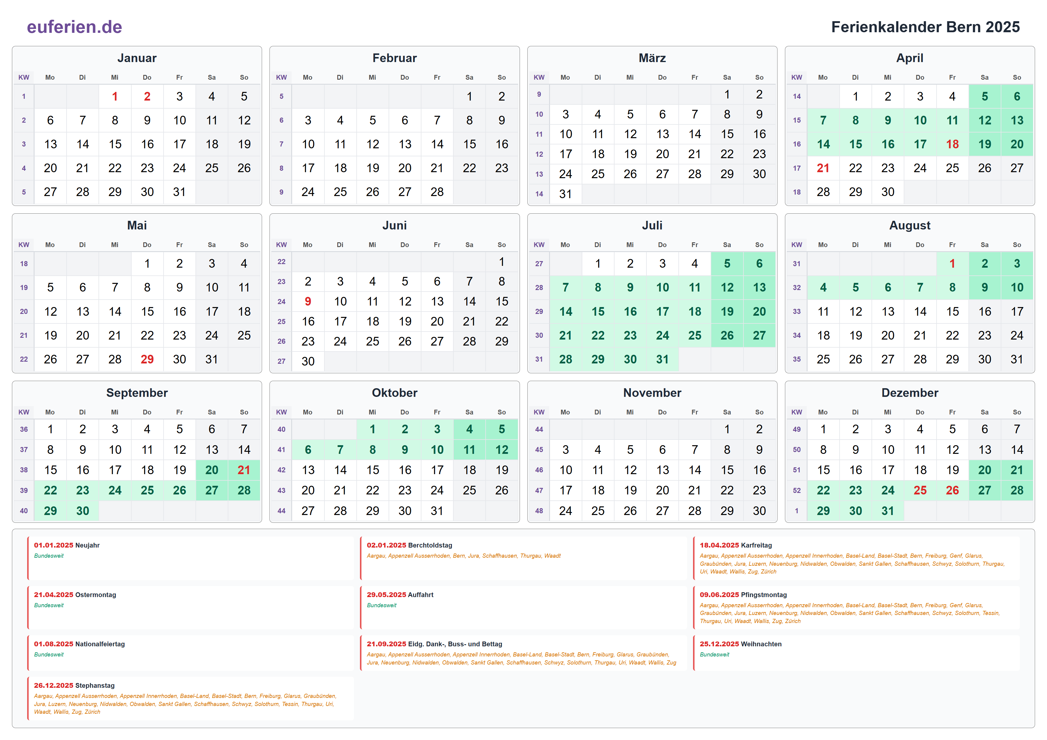 Ferienkalender Bern 2025 – Querformat