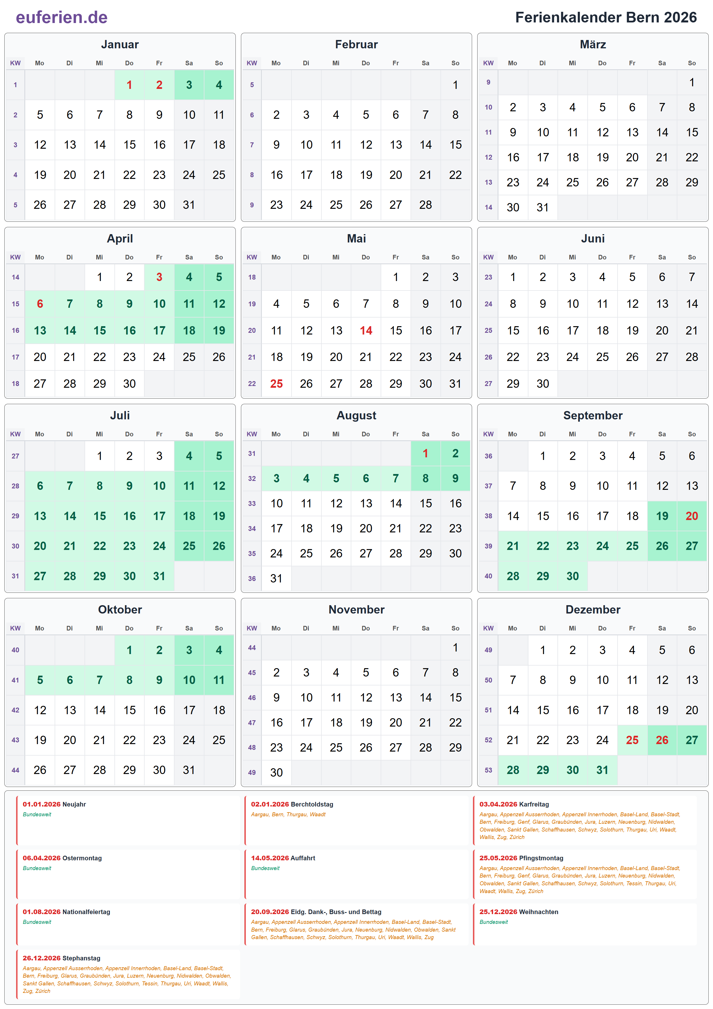 Ferienkalender Bern 2026 – Hochformat