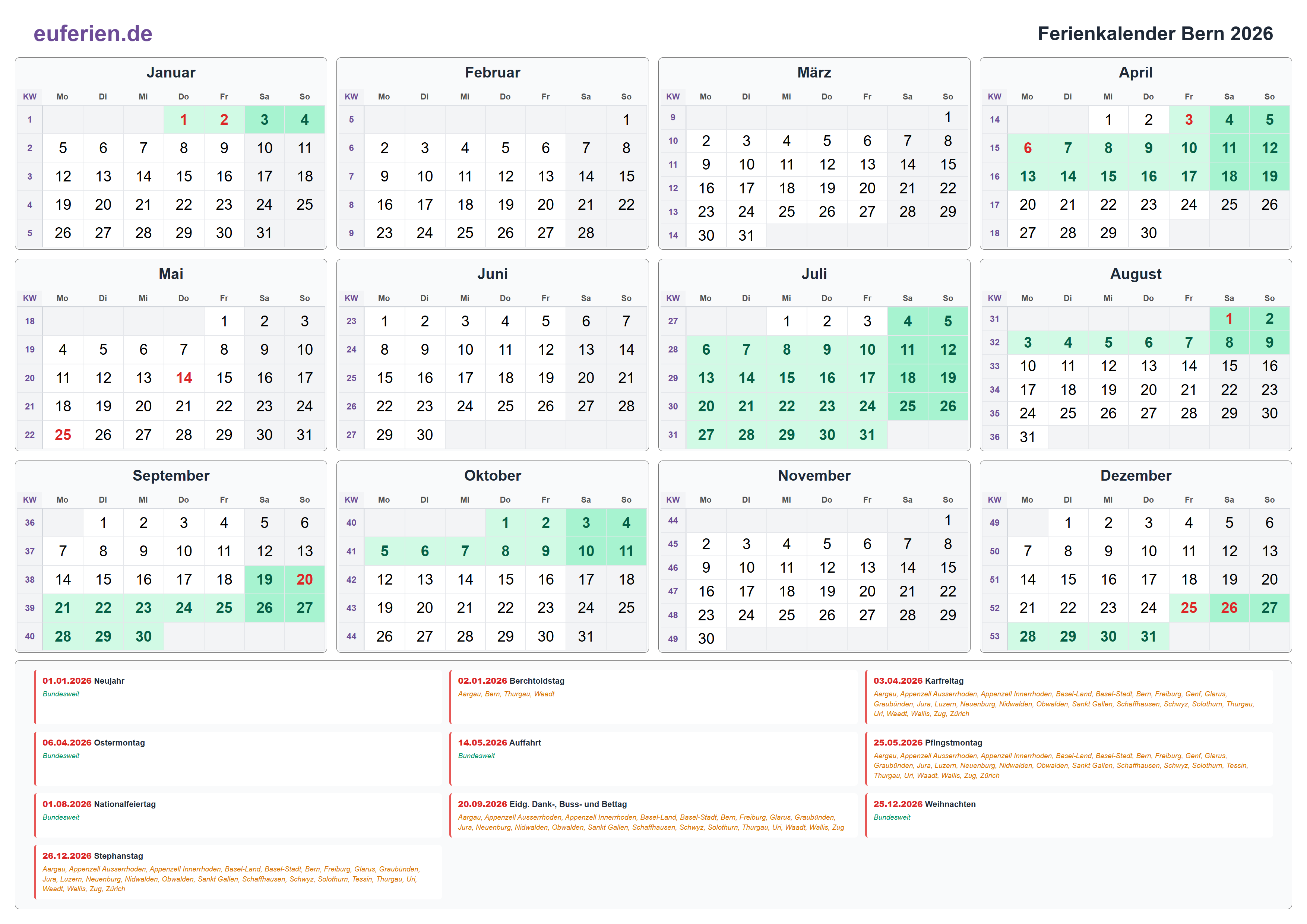 Ferienkalender Bern 2026 – Querformat