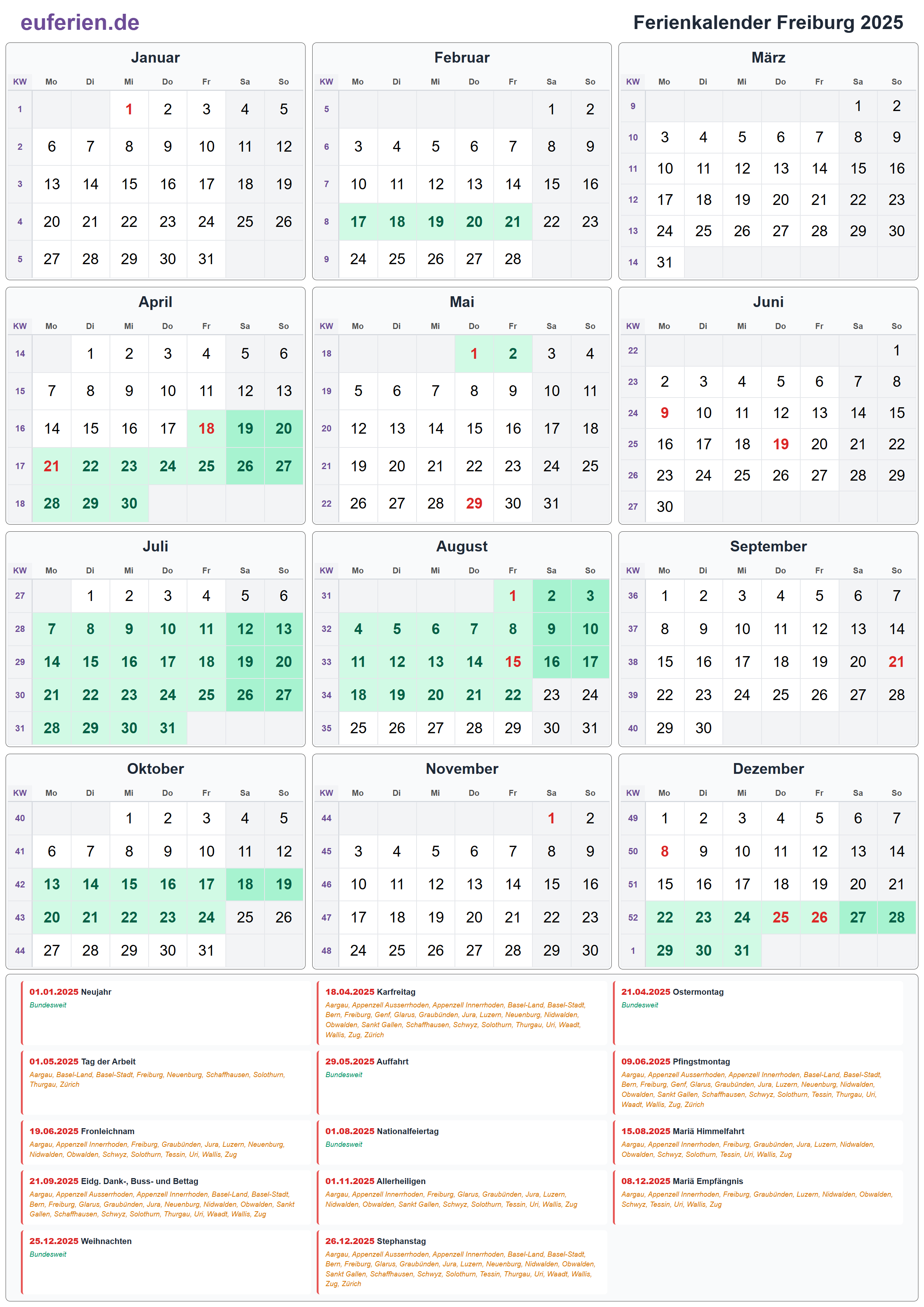 Ferienkalender Freiburg 2025 – Hochformat