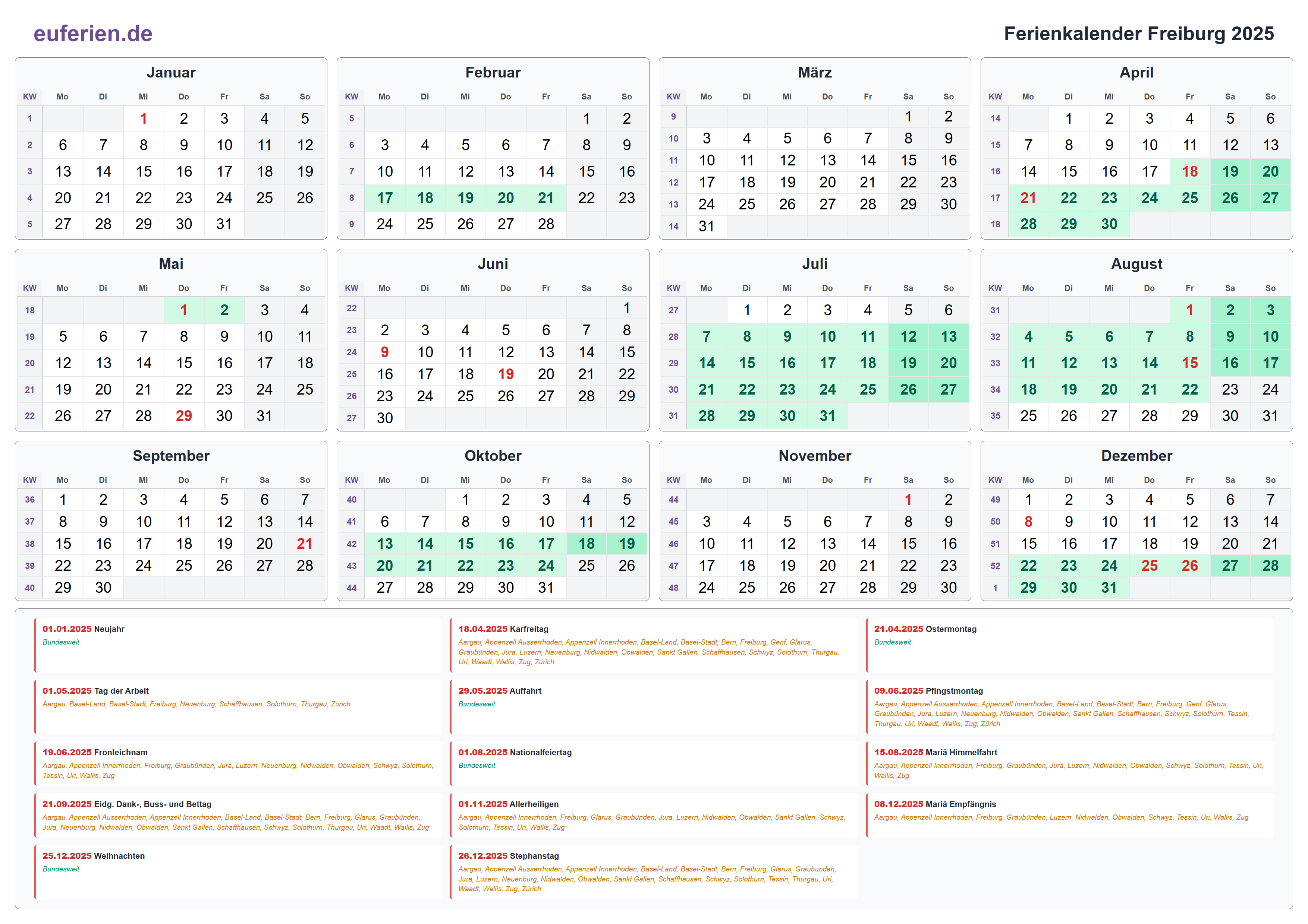 Ferienkalender Freiburg 2025 – Querformat